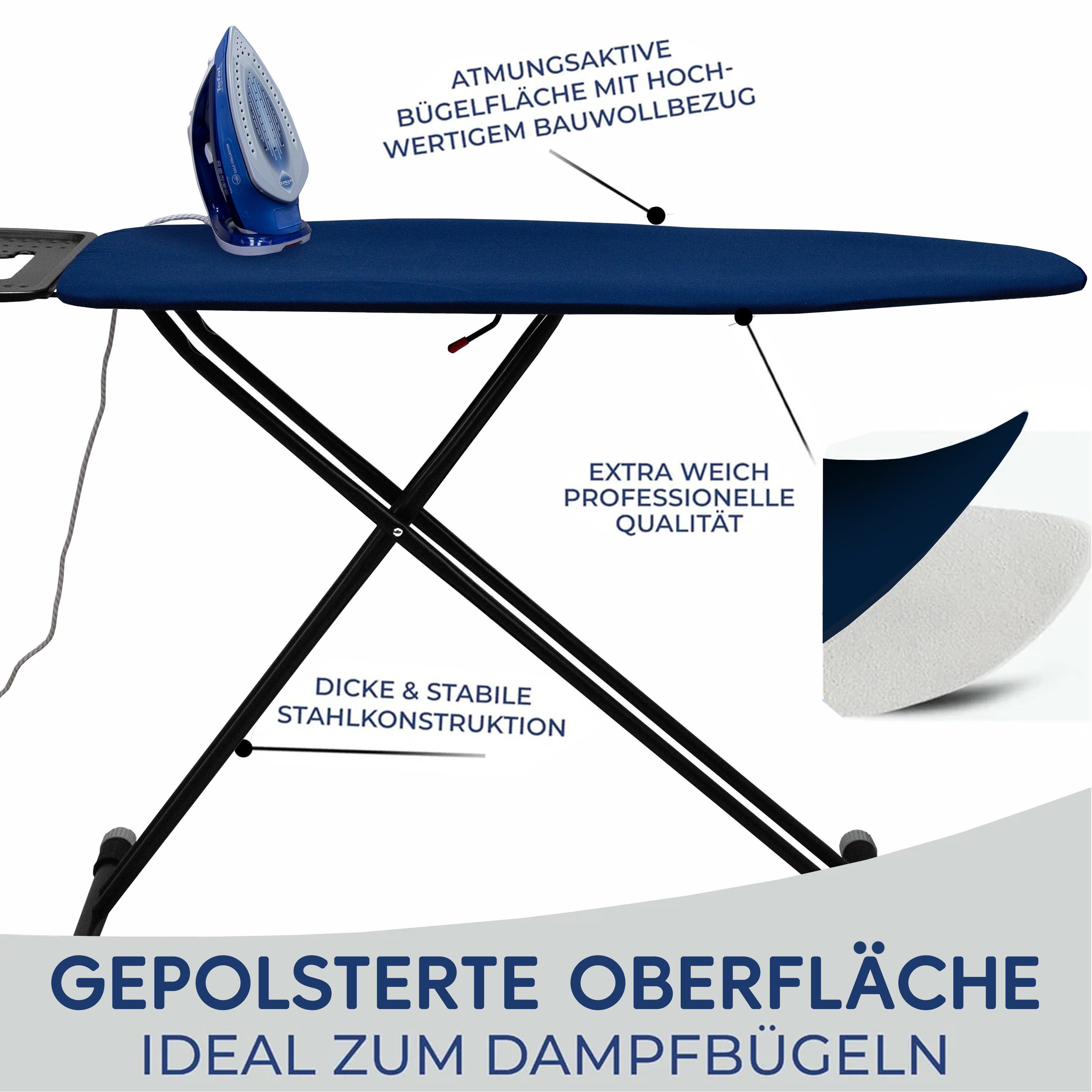 STAHLMANN COMMERCE GmbH Bügelbrett STAHLMANN ® großes Bügelbrett [120x42 Bügelfläche], Bügelfläche 42x120 cm, extra stabiles Bügelbrett [Made IN Europe]