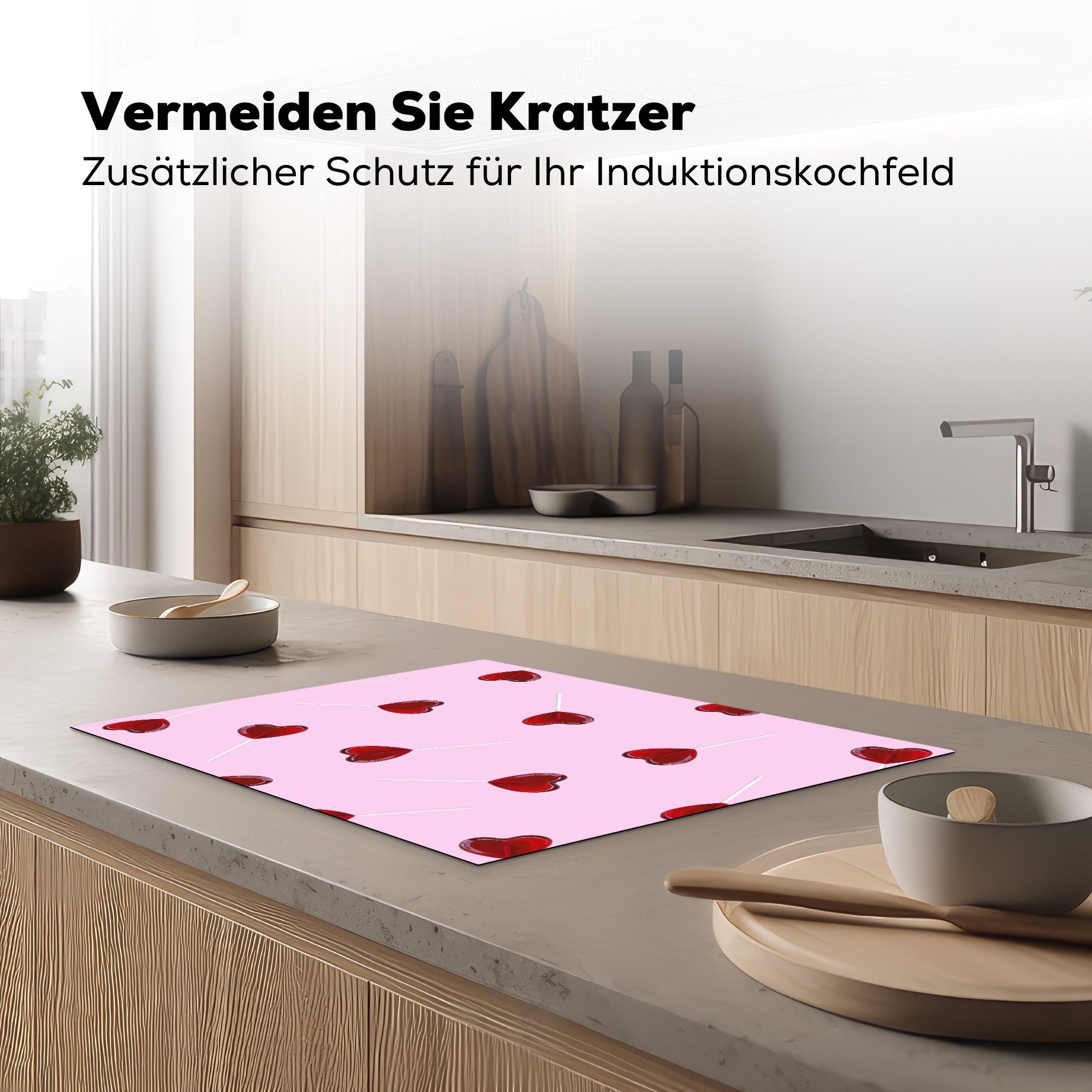 MuchoWow Herd-Abdeckplatte Rosa - Herz - Lutscher - Bonbon, Vinyl, (1 tlg), Küche Herdabdeckung Ceranfeld Induktionsfeld Vinyl, 65x50 cm