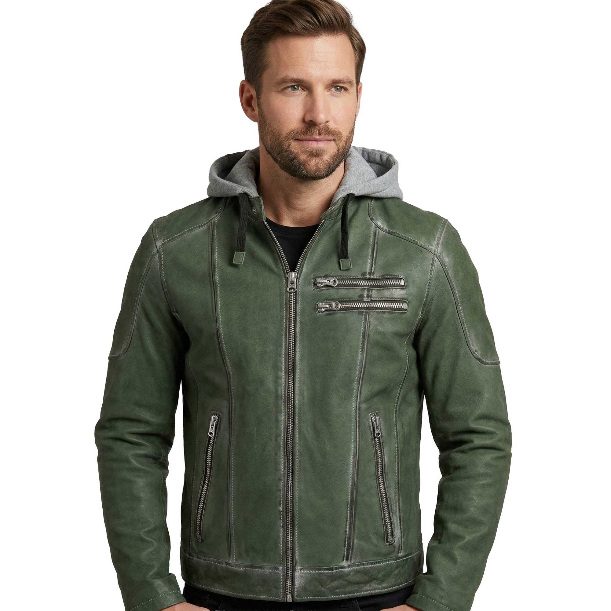 PUNCHBALL Lederjacke Doran Punchball - Herren Lederjacke Kapuze Lammnubuk grün antik