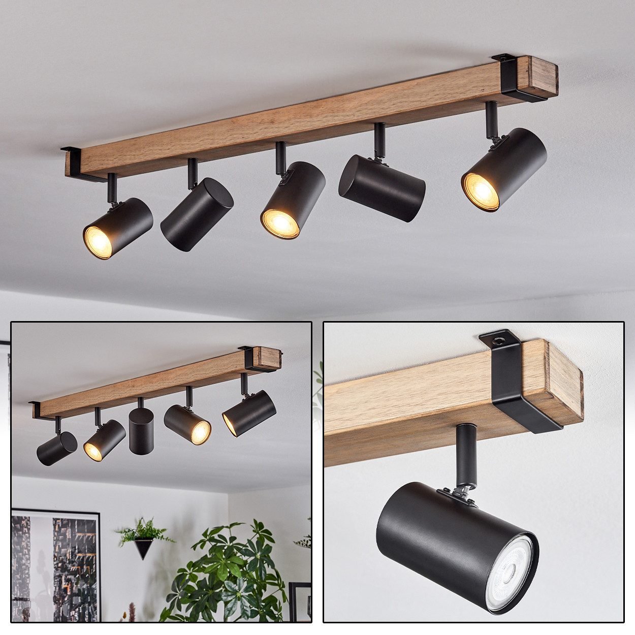 hofstein Deckenleuchte Deckenlampe aus Metall/Holz in Schwarz/Naturfarben, günstig online kaufen