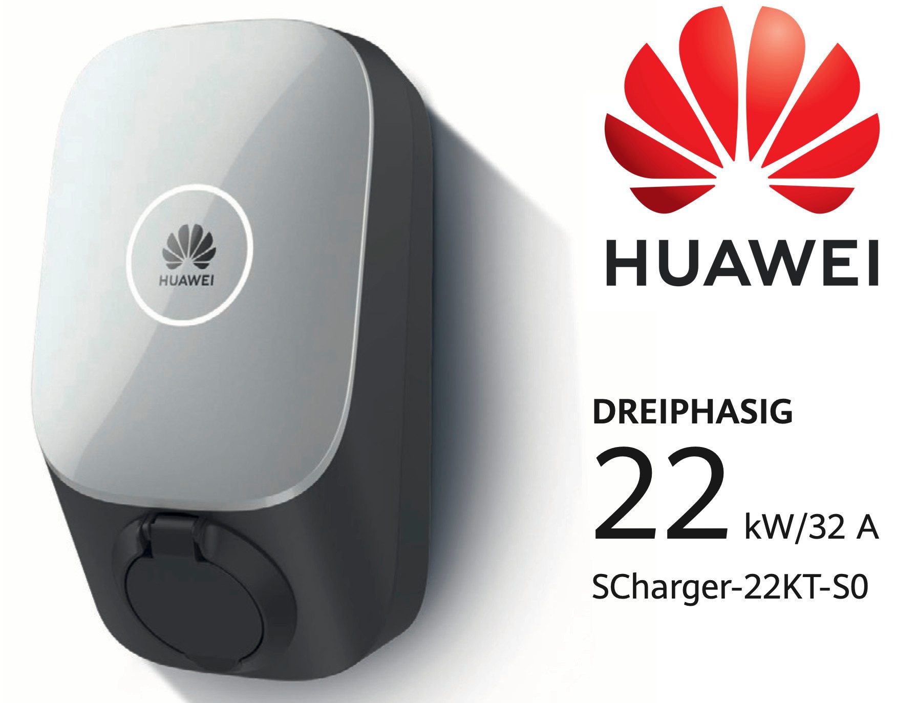 Huawei Elektroauto-Ladestation Wallbox 22kw Smart Charger AC SCharger-22KT-S0 E-Auto Ladegerät, 3-phasig, inklusive 2 RFID Karten, Typ 2 Ladebuchse, PV-Überschussladen