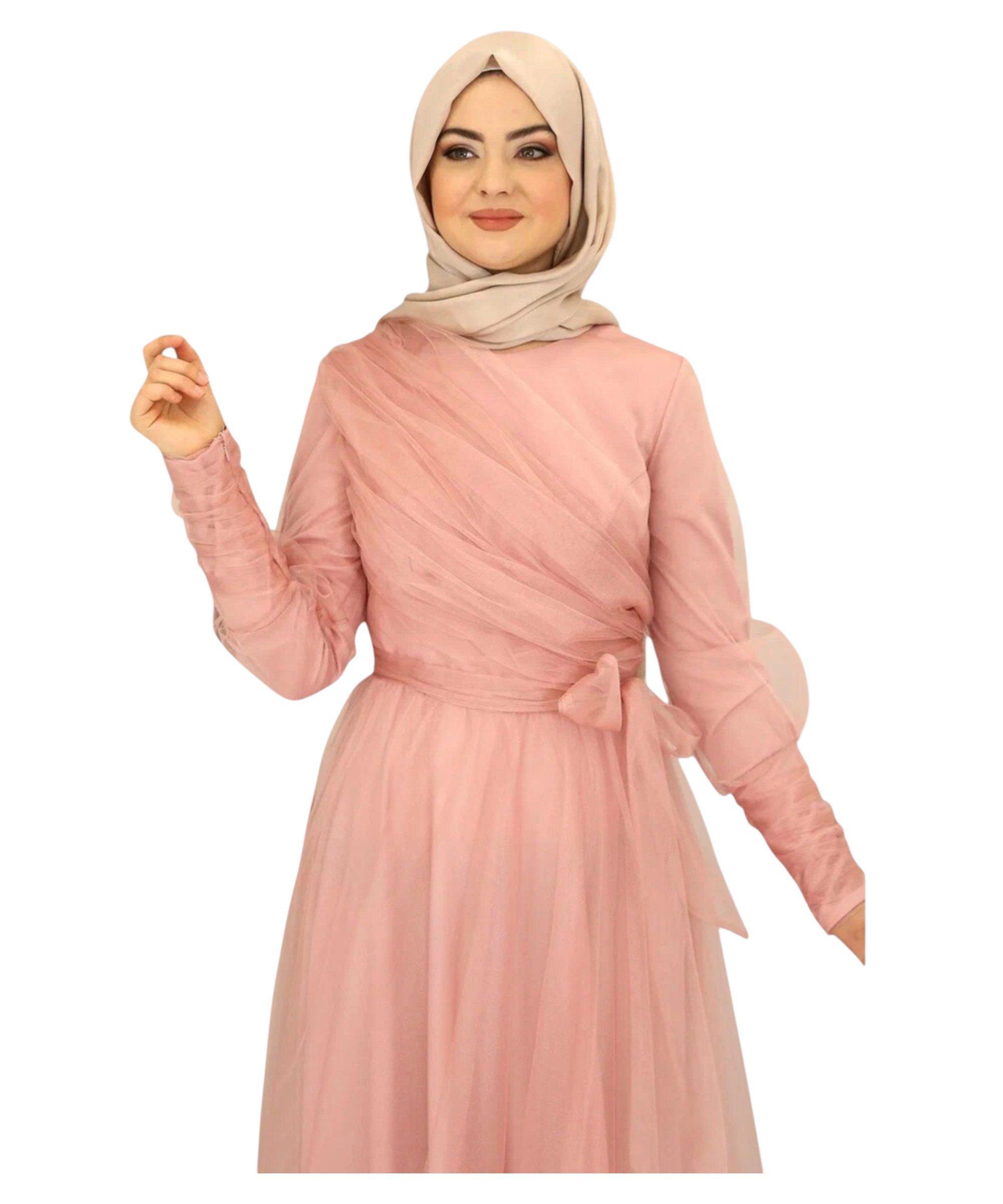 Modavitrini Tüllkleid Maxikleid langarm Abendkleid festlich elegant mit Gürtel bodenlang gefüttert, blickdicht – Bild 4 von 5