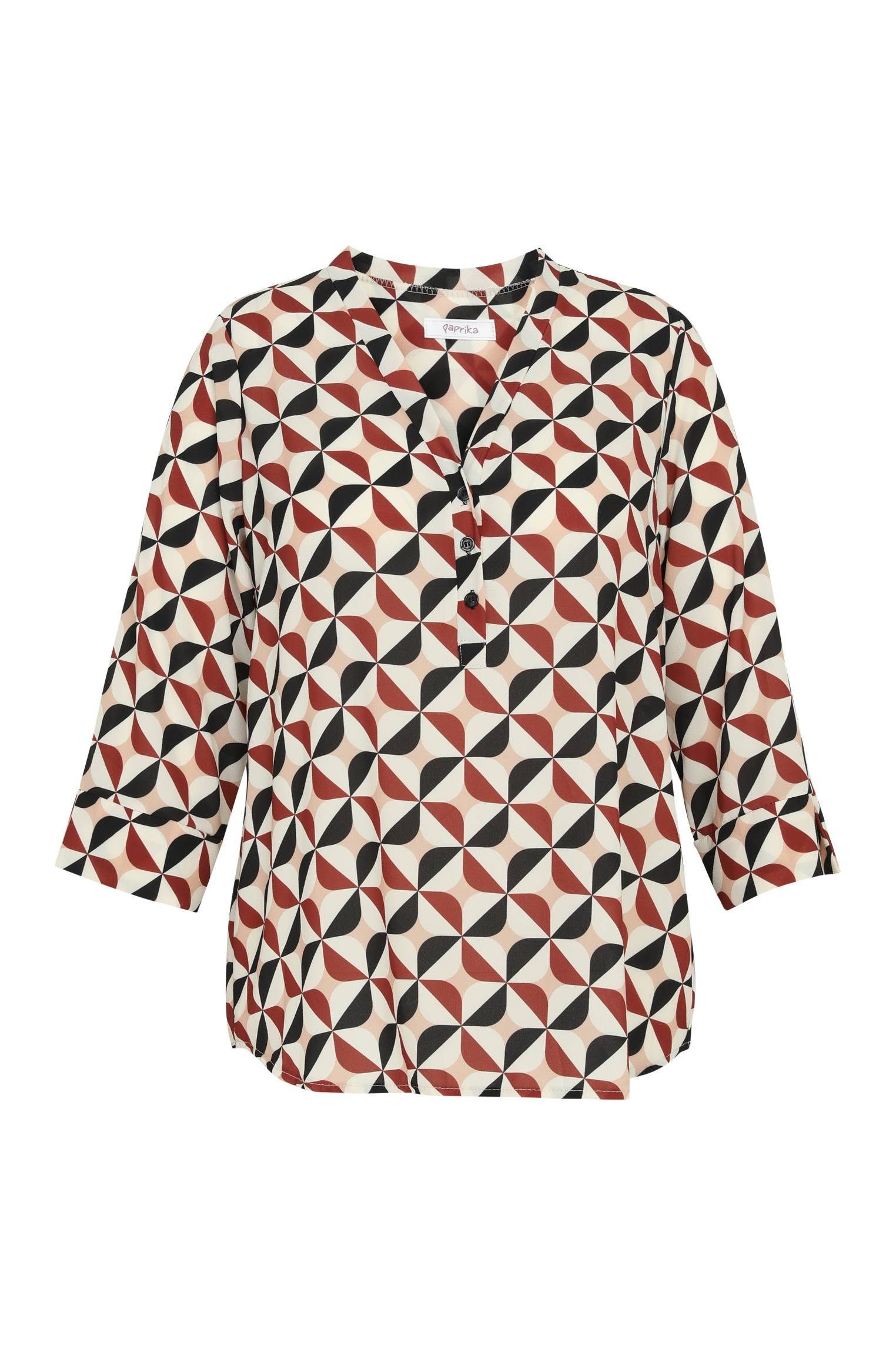 Cognac Mit Muster Bluse Shirtbluse (1-tlg) Geknöpfte Paprika Geometrischem