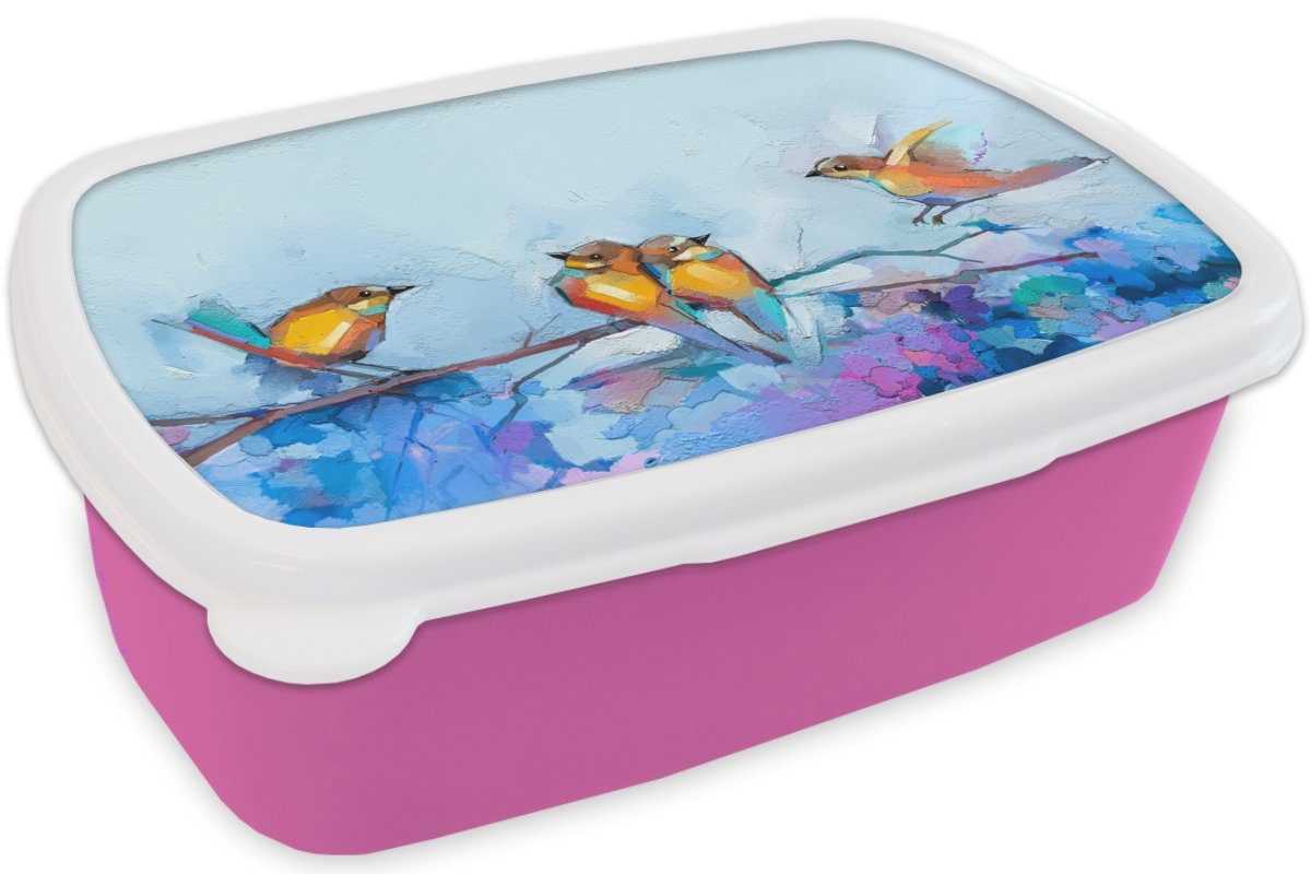 Lunchbox - Snackbox, MuchoWow Ölfarbe rosa Gemälde Zweig, - für Kunststoff, Vogel Kinder, (2-tlg), Kunststoff Mädchen, Erwachsene, - Brotbox Brotdose