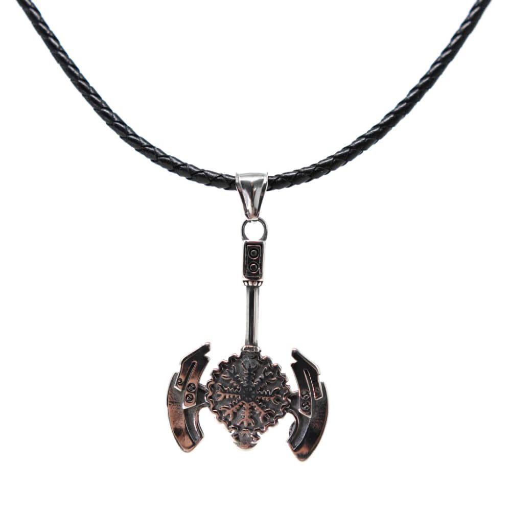 DALMARO Kette mit Anhänger Lederkette Edelstahlkette 316L WIKINGER KOMPAS AXT, Herren Halskette Biker / Wikinger Kette - Schmuckbox
