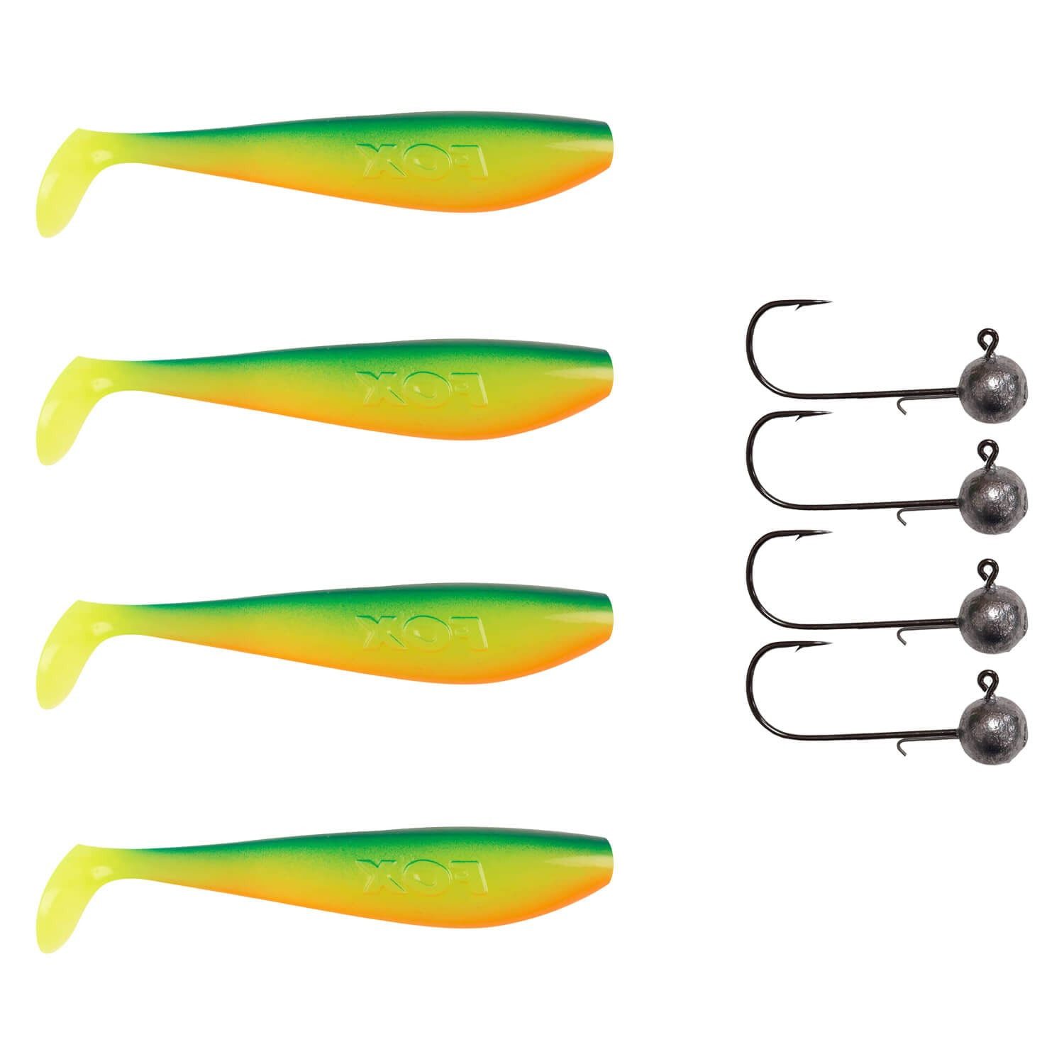 Kunstköder 4x Fox Rage Zander Pro Shad + 4x Pamchion Jigköpfe / Jighaken Set
