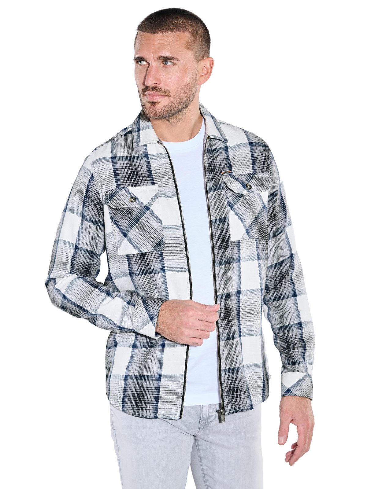 emilio adani Langarmhemd Herren Sportives Karo-Overshirt, Saphirblau