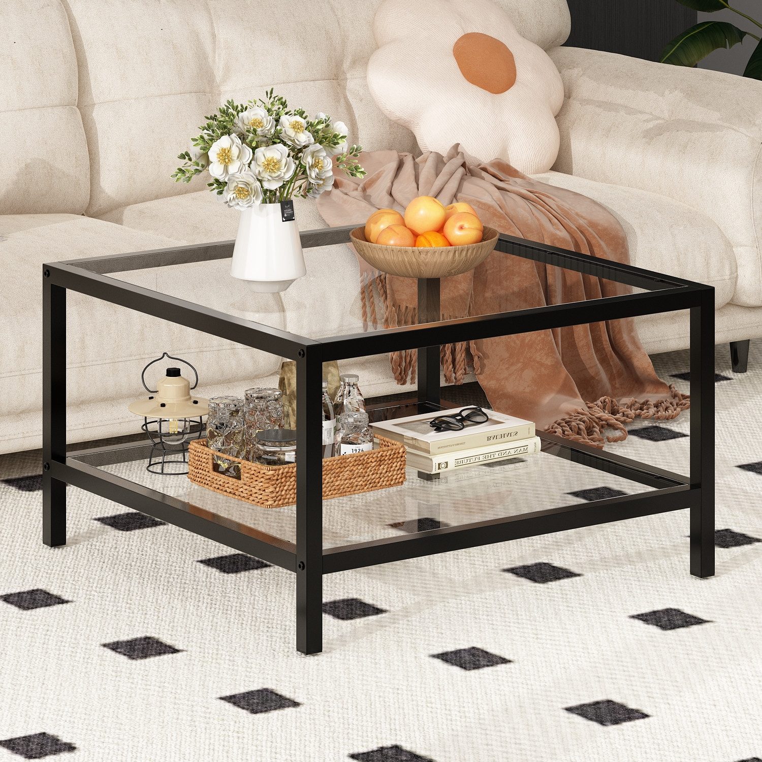 HOMSEE Couchtisch Moderner Glas-Wohnzimmertisch mit 2 Ablageebenen, 68x68x40 cm (1-St), Beistelltisch aus gehärtetem Glas & Metallgerüst für Wohnzimmer