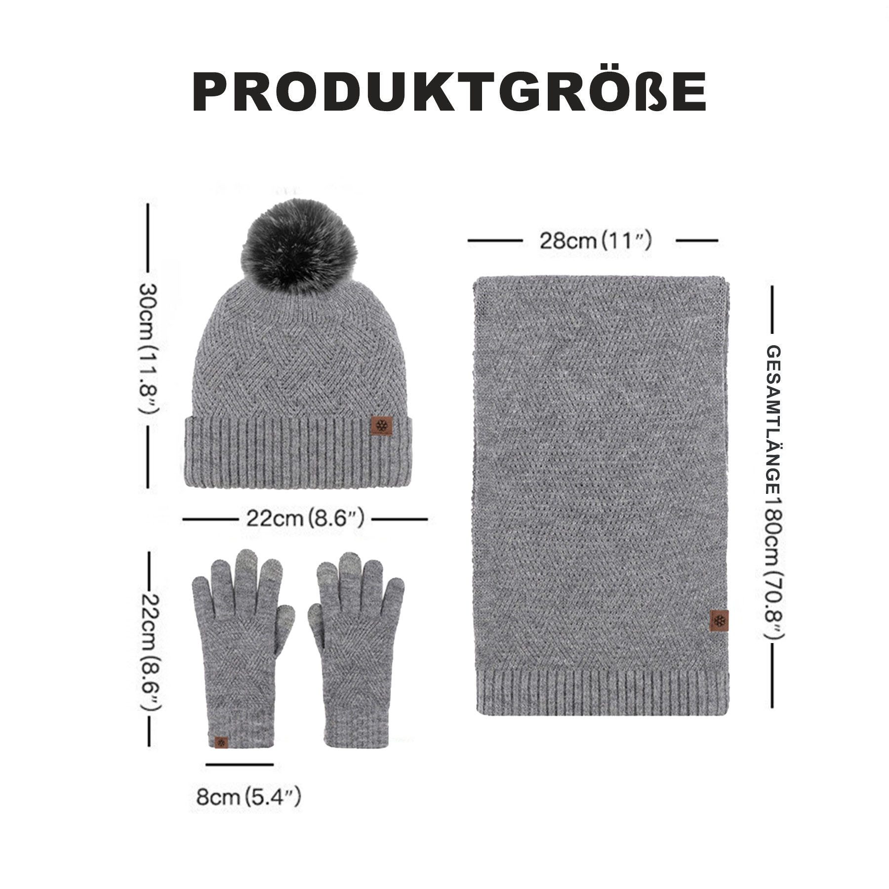 Mutig Mütze & Schal Mütze Schal Handschuh 3-Set,Gestrickte Touchscreen-Handschuhe (Winter Weich Warm,Warmes Strick-Set mit Futter,Damen Unisex, Hergestellt aus weichen Wolle,Winter Geschenk-Mehrfarbig) Geschenk zu Weihnachten, Erntedank oder Neujahr