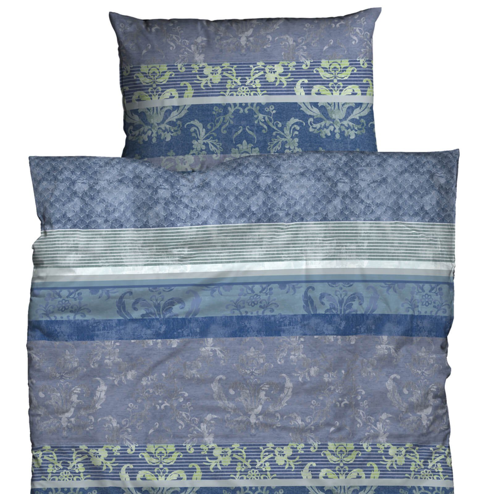 CASATEX Bettwäsche Barock Blau, Biber, 2 teilig, Ornamente, Streifen, Biber