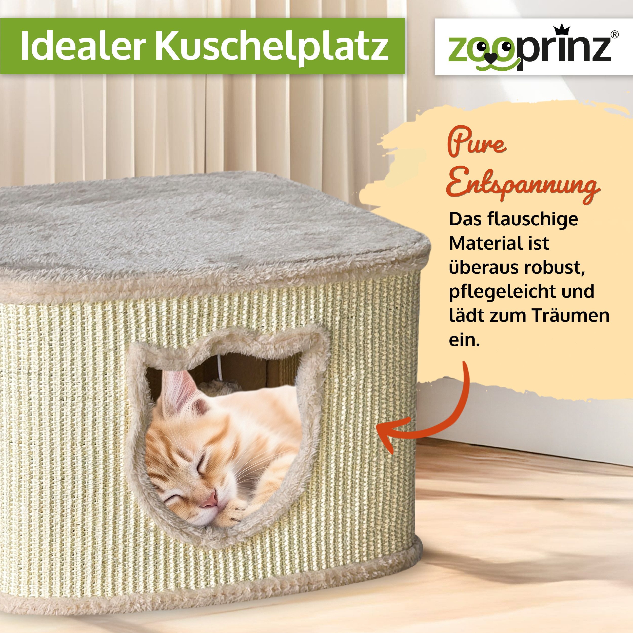 Zooprinz Katzenhaus Indoor aus Sisal mit Spielball, Plüsch, 40 × 40 × 27 cm, Modernes Design