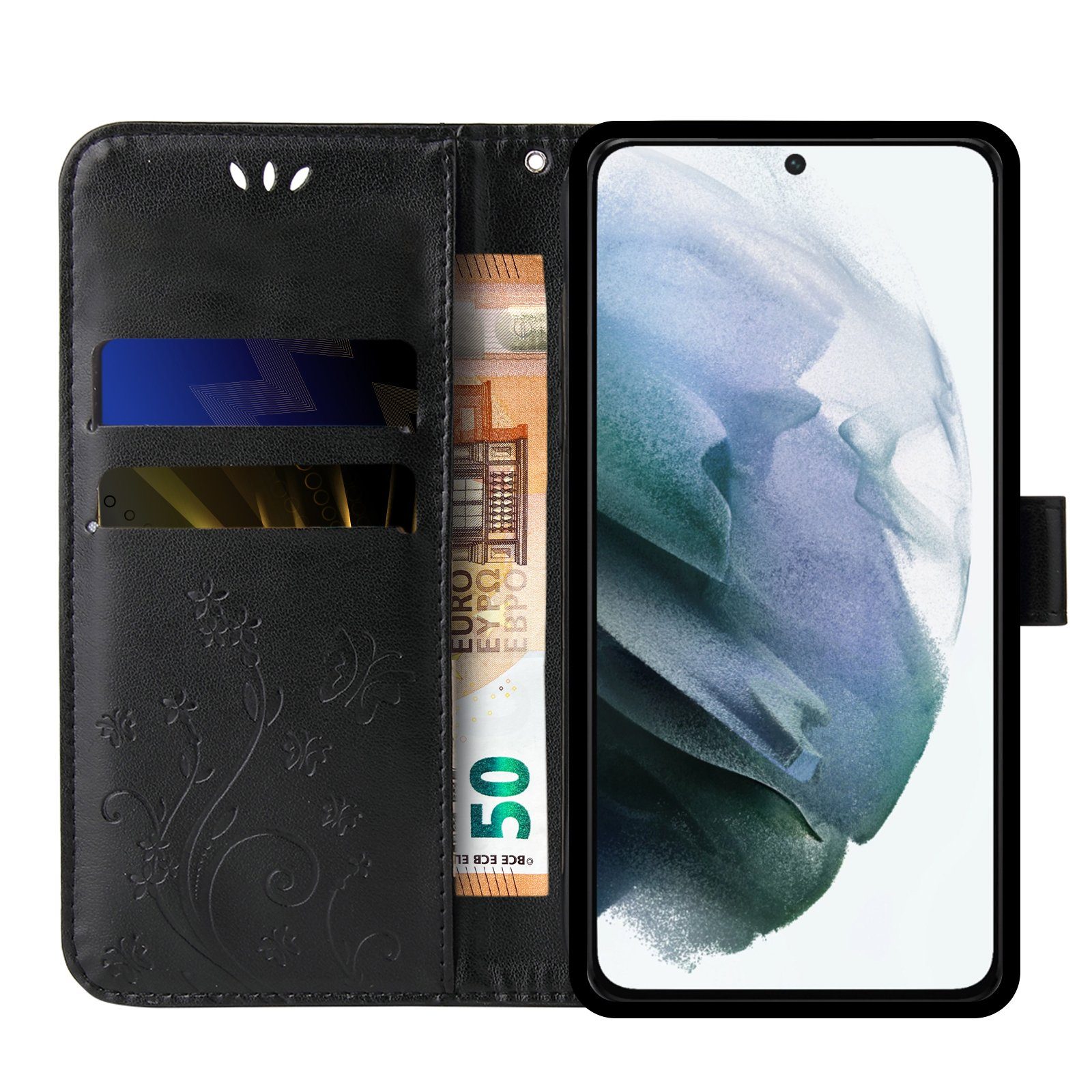 Tec-Expert Handyhülle Cover Tasche Hülle für Samsung Galaxy S21 6,2 Zoll, Klapphülle Case mit Kartenfach Fliphülle aufstellbar, Motiv Blumen