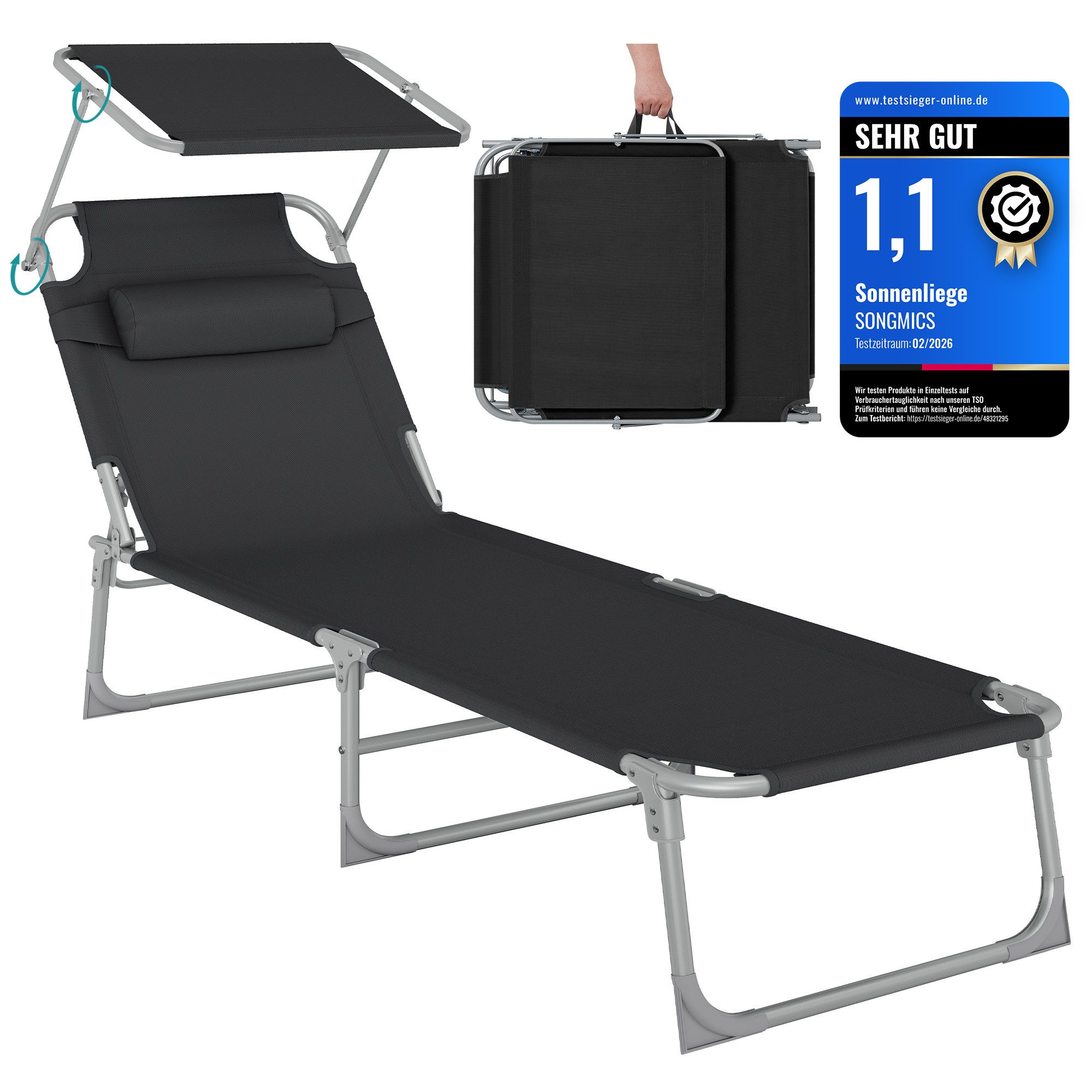 SONGMICS Gartenliege Sonnenliege, klappbarer Liegestuhl, für Garten, Pool, Terrasse, 1 St., bis 150 kg belastbar, 193 x 53 x 29 cm, Sonnenschutz, Kopfstütze, verstellbare Rückenlehne