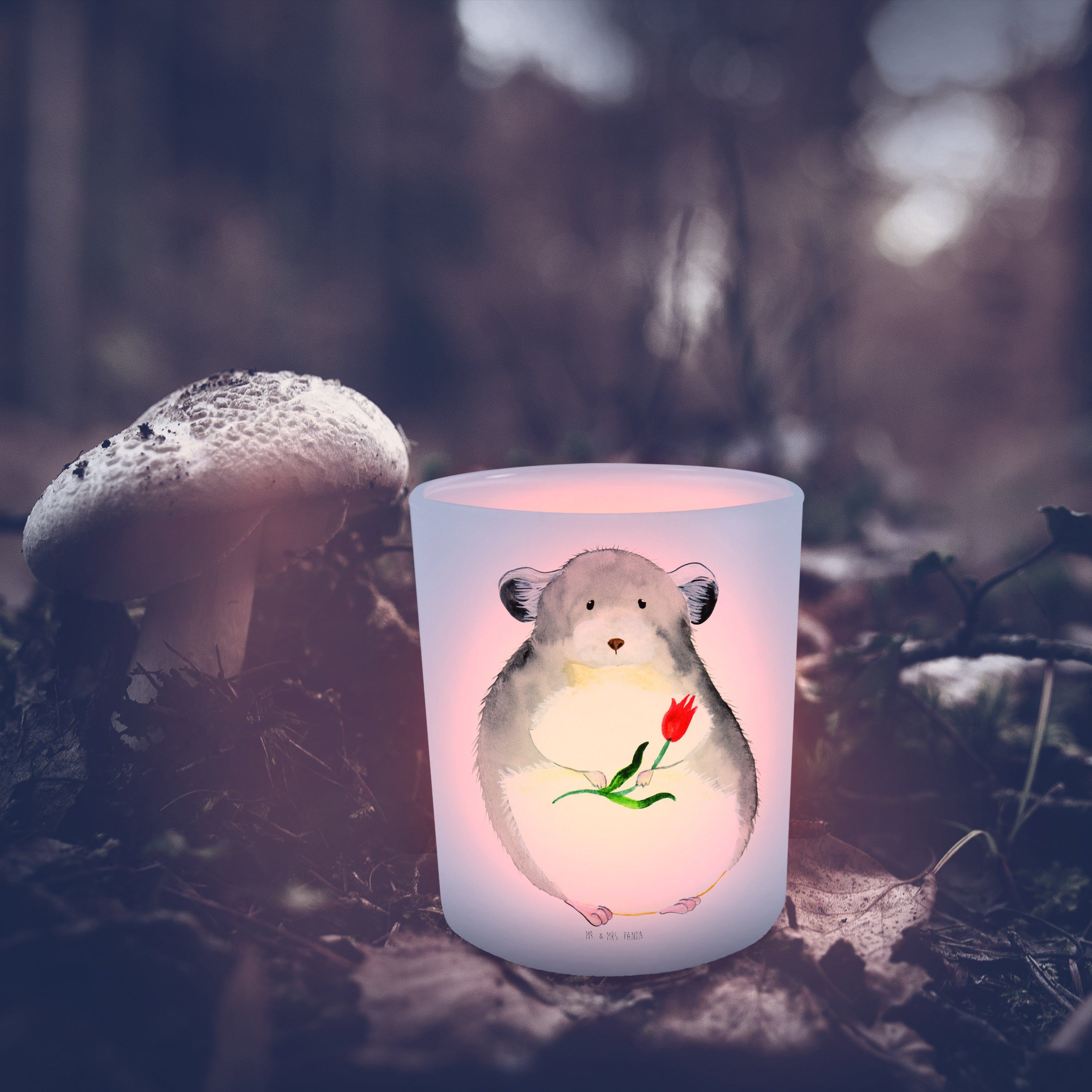 mit Panda Mrs. St) Geschenk, (1 Windlicht Mr. Transparent Liebes & - - Teelichthalter, Chinchilla Blume