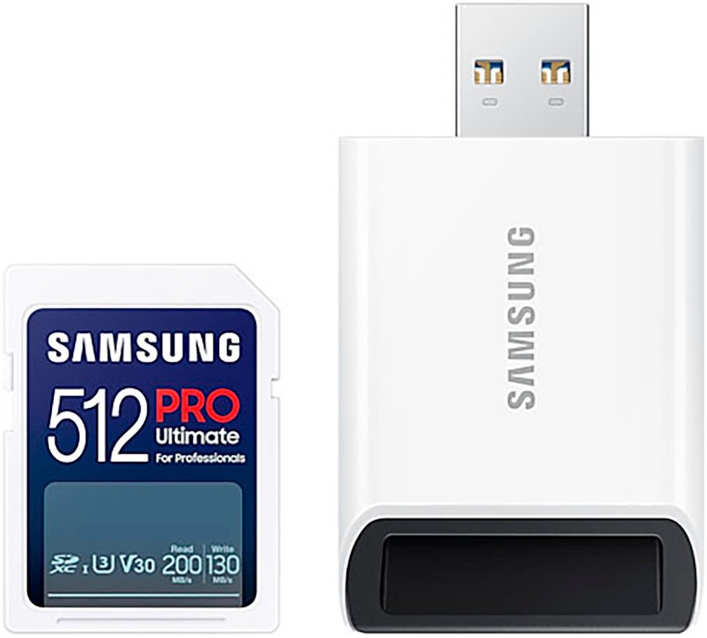 Samsung SD PRO Ultimate + USB Adapter Speicherkarte (512 GB, Video Speed Class 30 (V30)/UHS Speed Class 3 (U3), 200 MB/s Lesegeschwindigkeit)