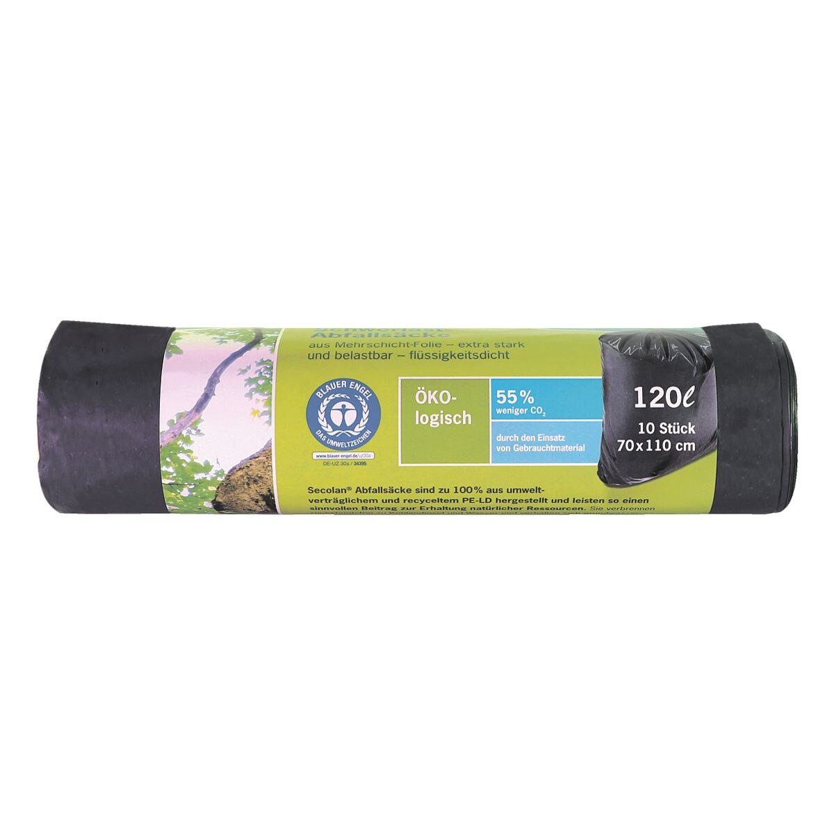 SECOLAN Müllbeutel, 10 Stück/Rolle, Schwerlast-Müllsäcke, 120 Liter, schwarz, 43 µm