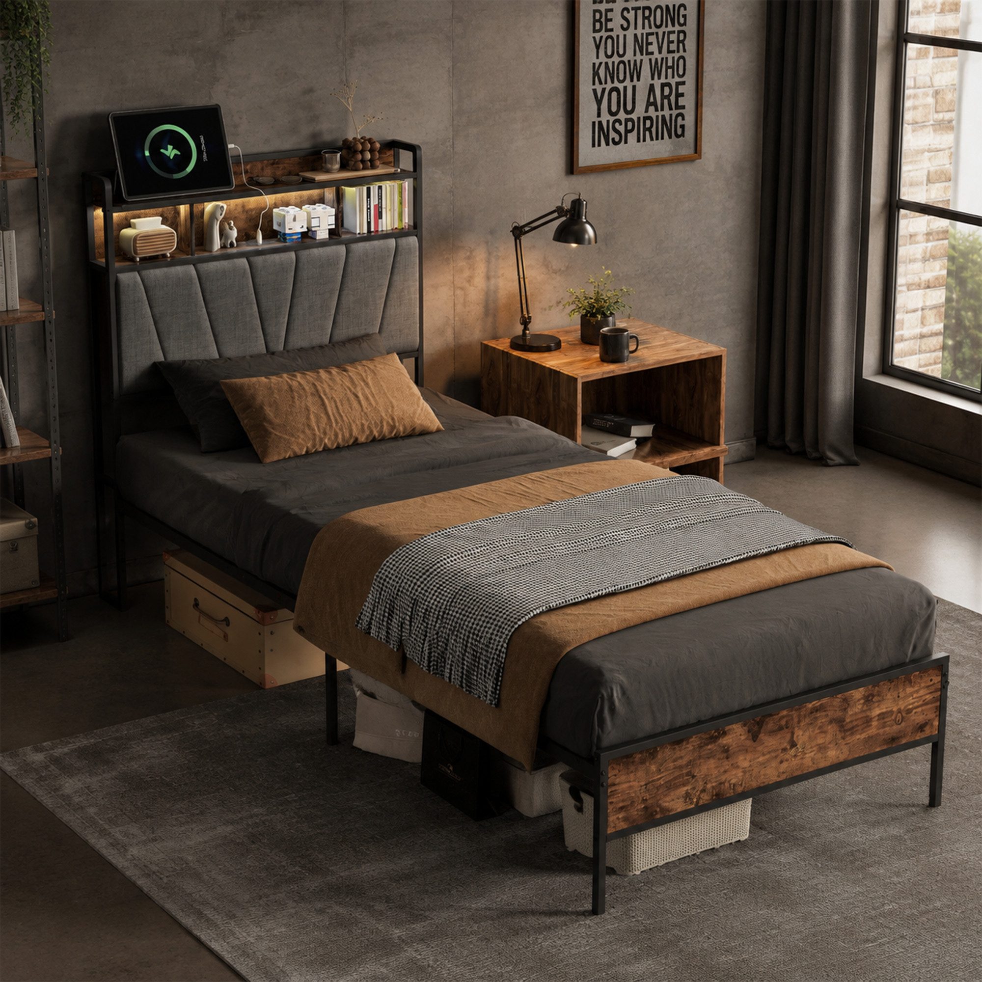 Simurq Einzelbett Einzelbett 90x200 mit LED-Kopfteil und USB-Anschluss (Bett 90x200 mit Lattenrost), Industrie-Design Bettgestell mit Stauraum unter dem Bett