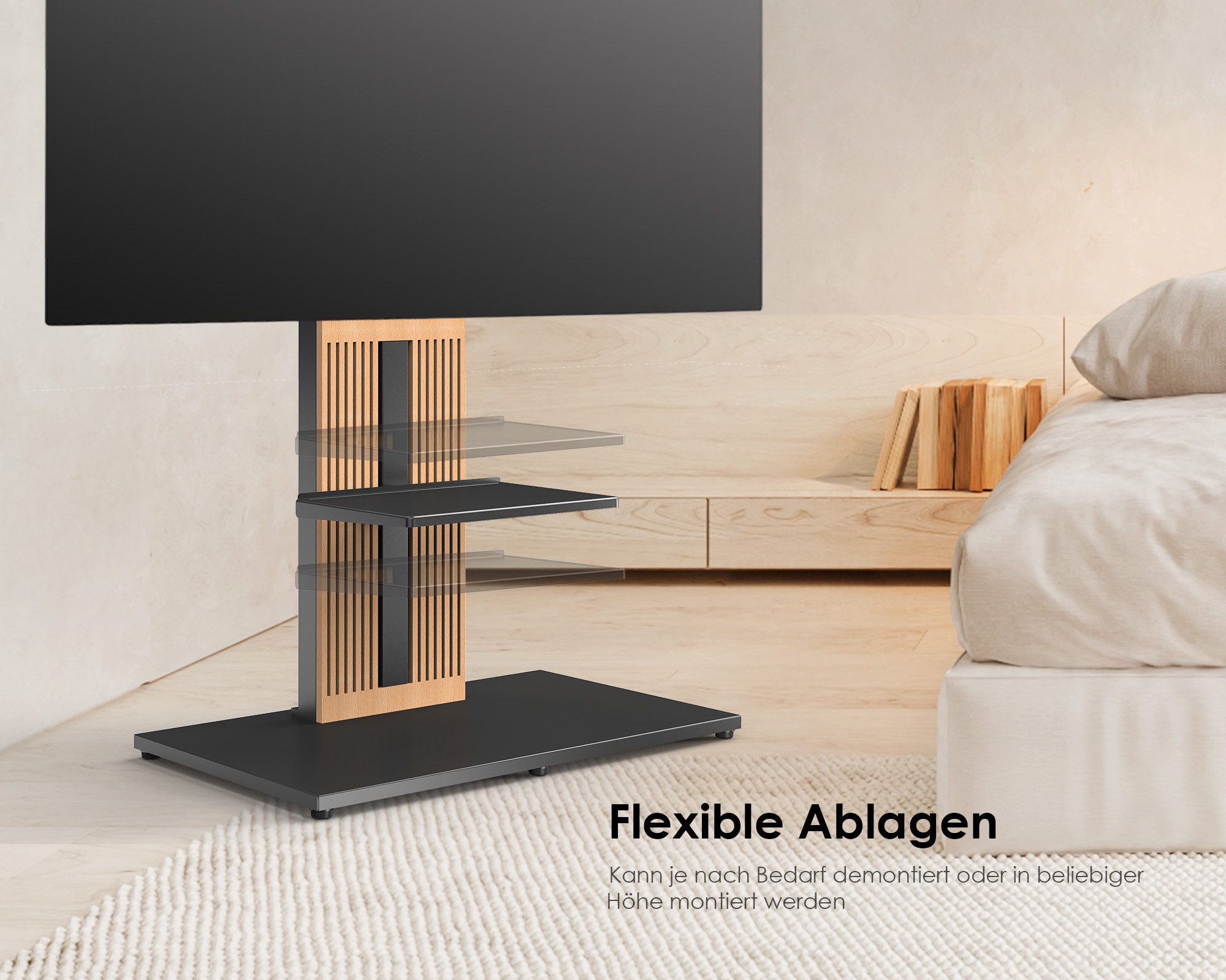 FITUEYES TV-Ständer TV-Standfuß mit verstellbarer Ablage, 55-88 Zoll, (bis 88,00 Zoll, höhenverstellbar, ±30° schwenkbar, aus Buchenholz)