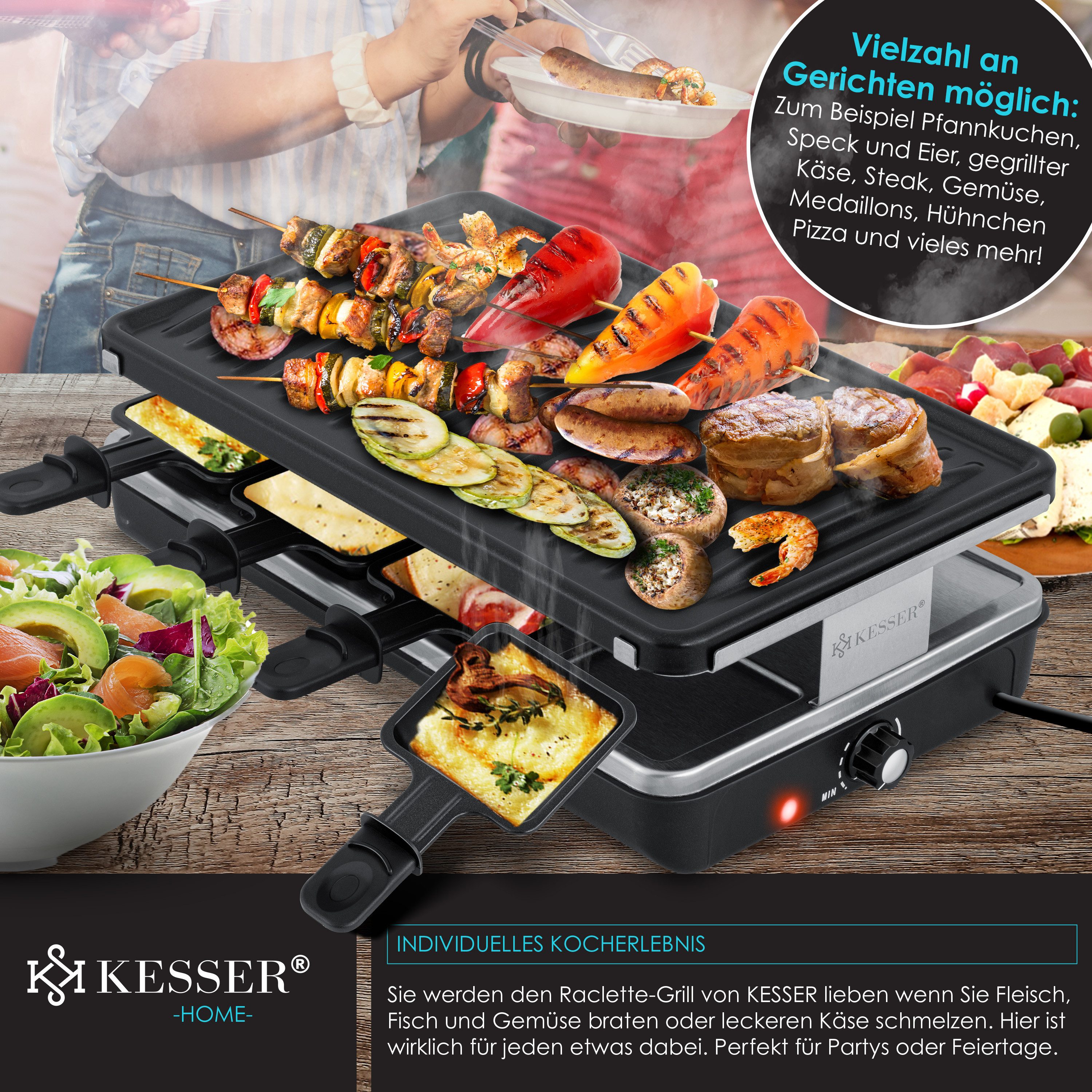 KESSER Raclette, 8 Raclettepfännchen, 1200 W, Raclette-Grill mit Naturgrillstein, Grillplatte Tischgrill
