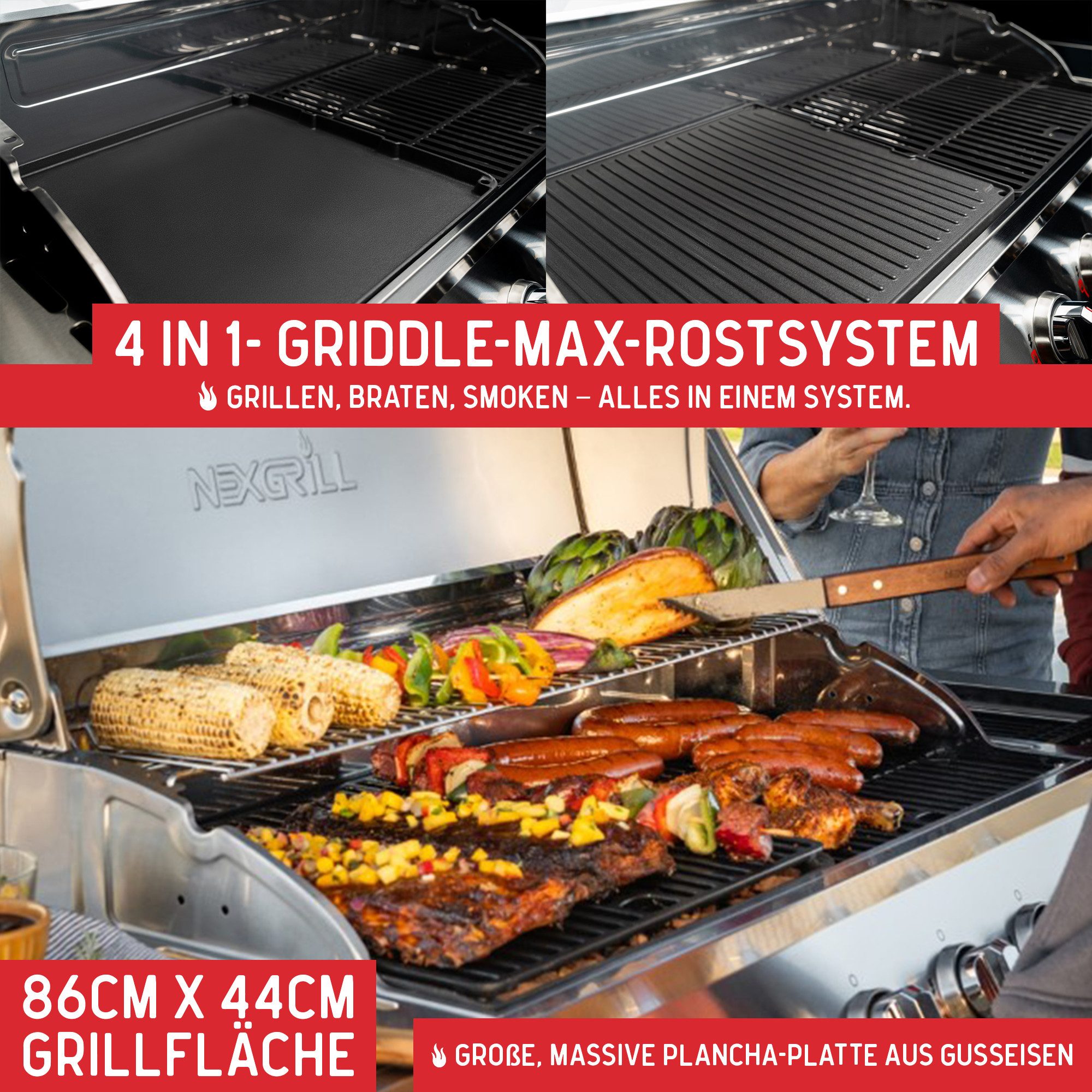 nexgrill Gasgrill 6B Gourmet Pro 6 + 1 Brenner, Keramik-Seitenbrenner & Gusseisen Plancha, 22KW, Griddle Max, Grillwagen, Aufbaumaß: 152x57x121 cm