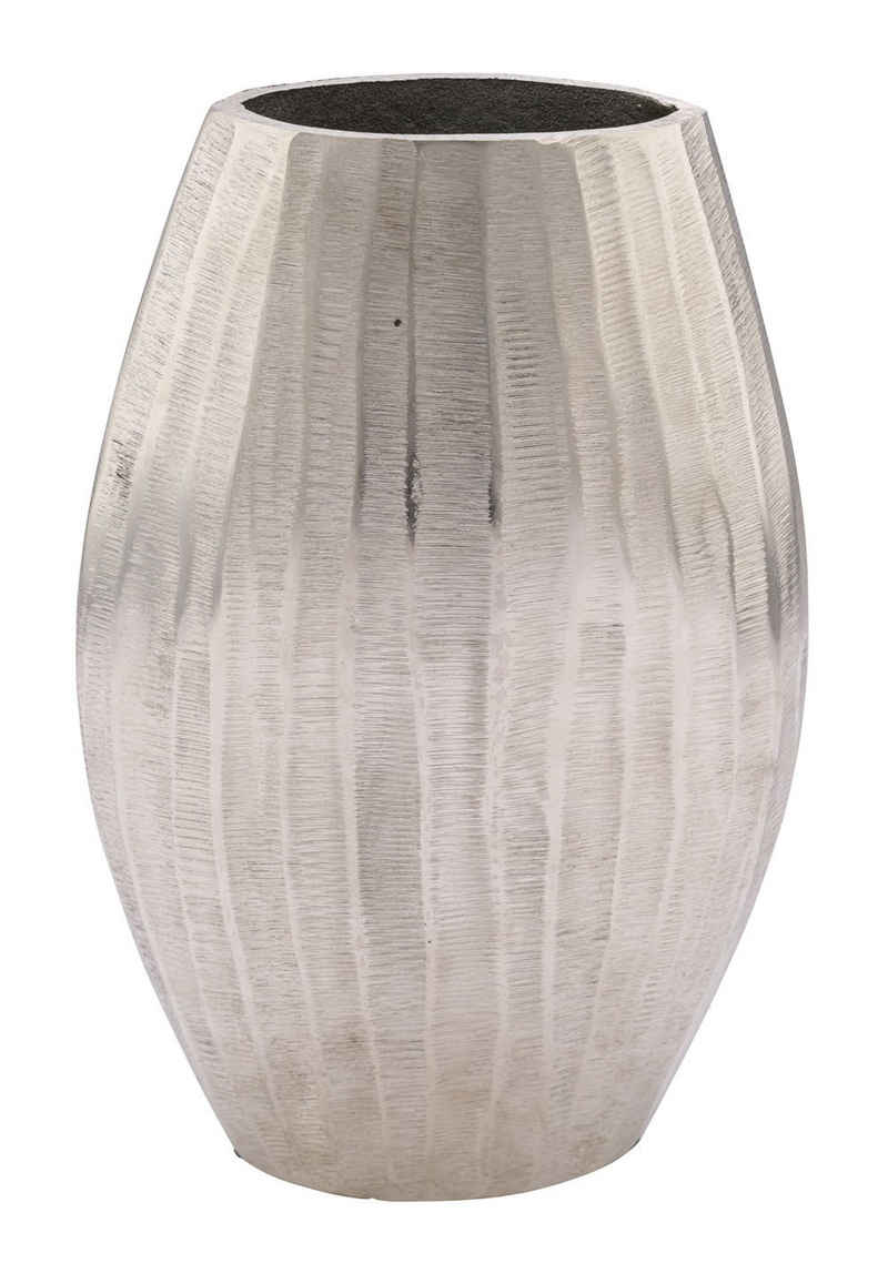 Spetebo Dekovase Design Aluminium Blumen Vase silber - oval / 33 cm (Einzelstück, 1 St., 1 VASE), Moderne Tischvase aus Metall mit Rillenmuster