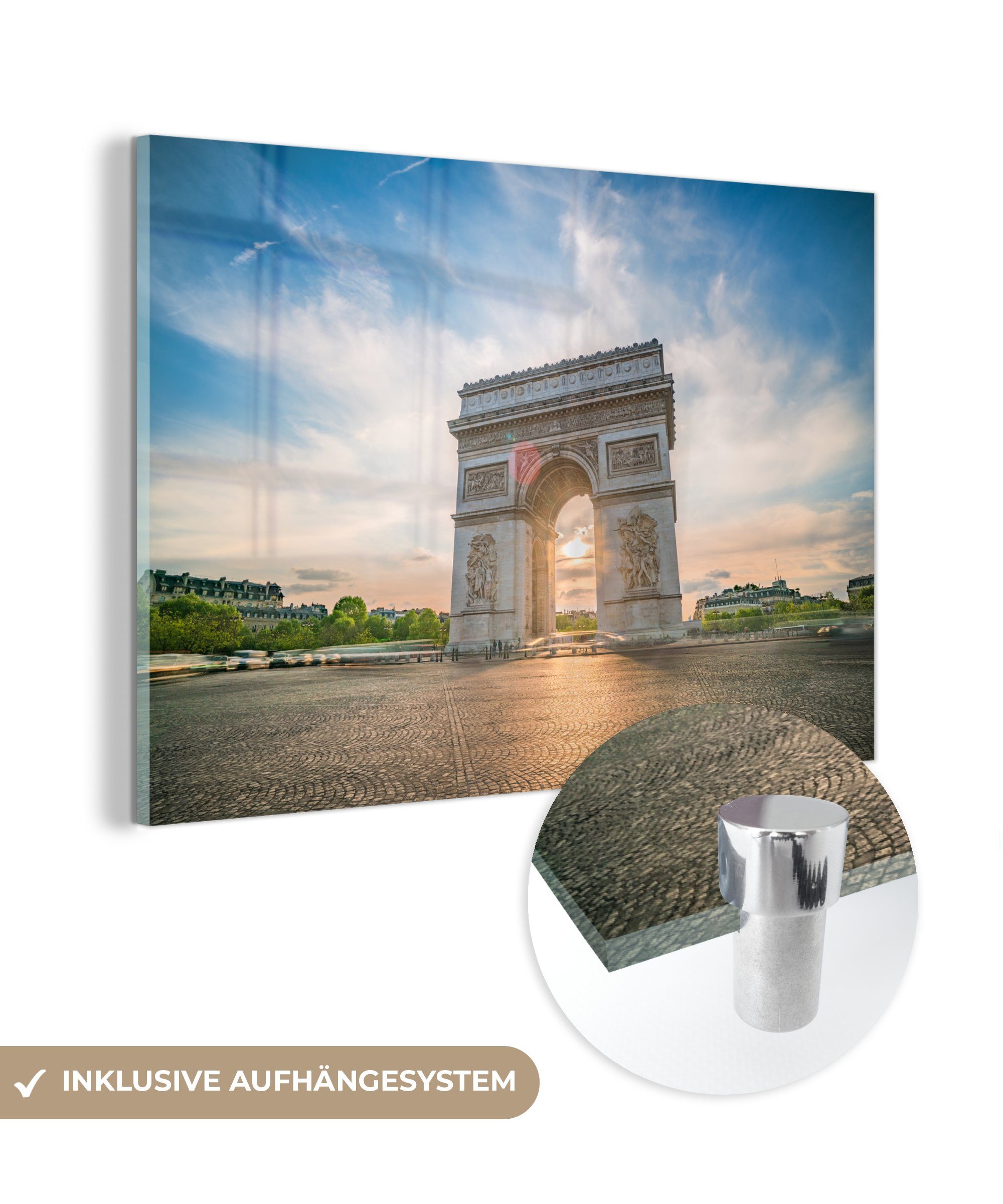 MuchoWow Acrylglasbild Blick auf den Triumphbogen in Paris mit einem schönen Wolkenfeld bei, (1 St), Acrylglasbilder Wohnzimmer & Schlafzimmer