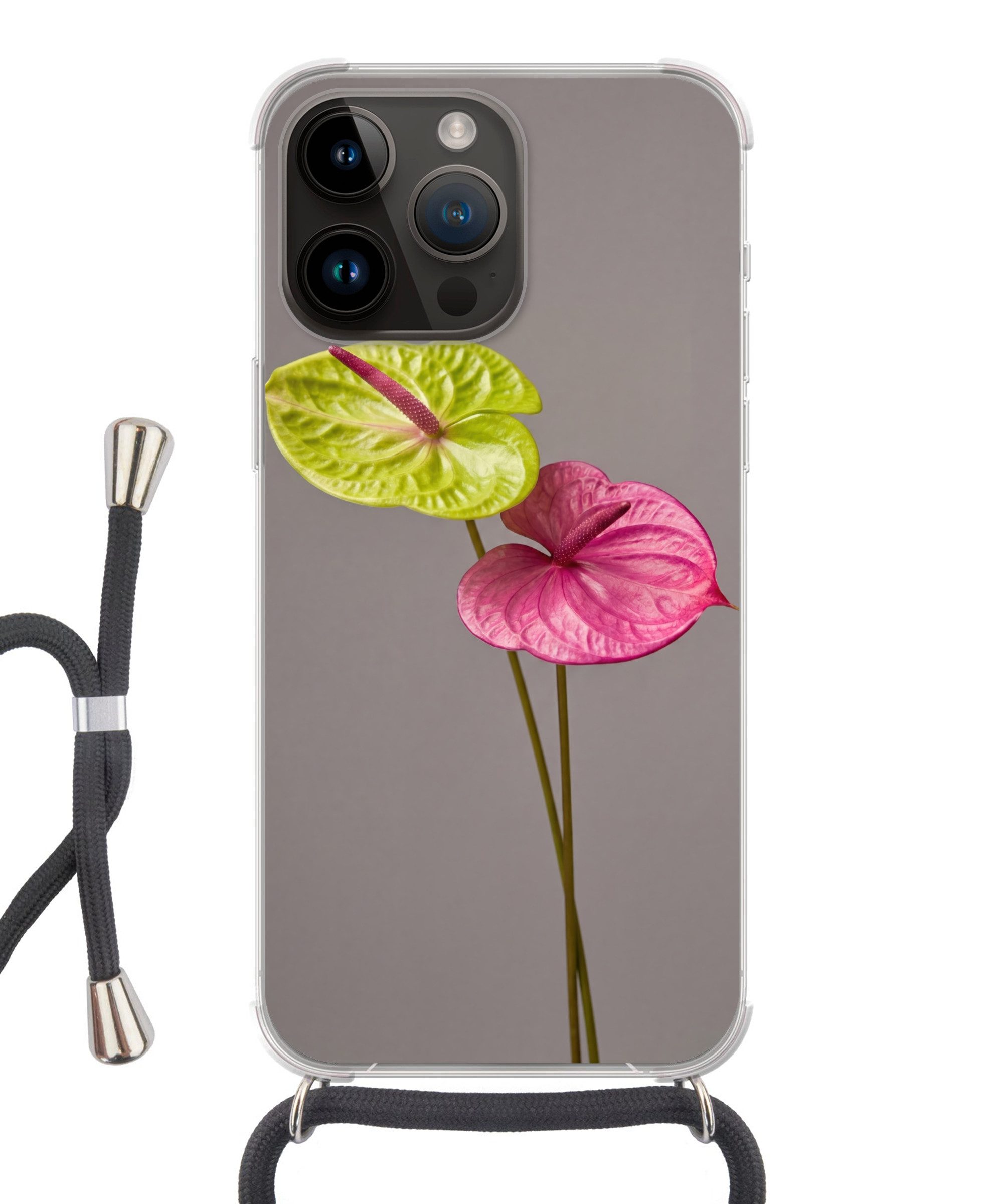 MuchoWow Handyhülle für Apple iPhone 14 Pro Pflanzen - Anthurium - Grün - Rosa, Tragbare Handyhüllen mit Kette zum umhängen, Handykette Handyband