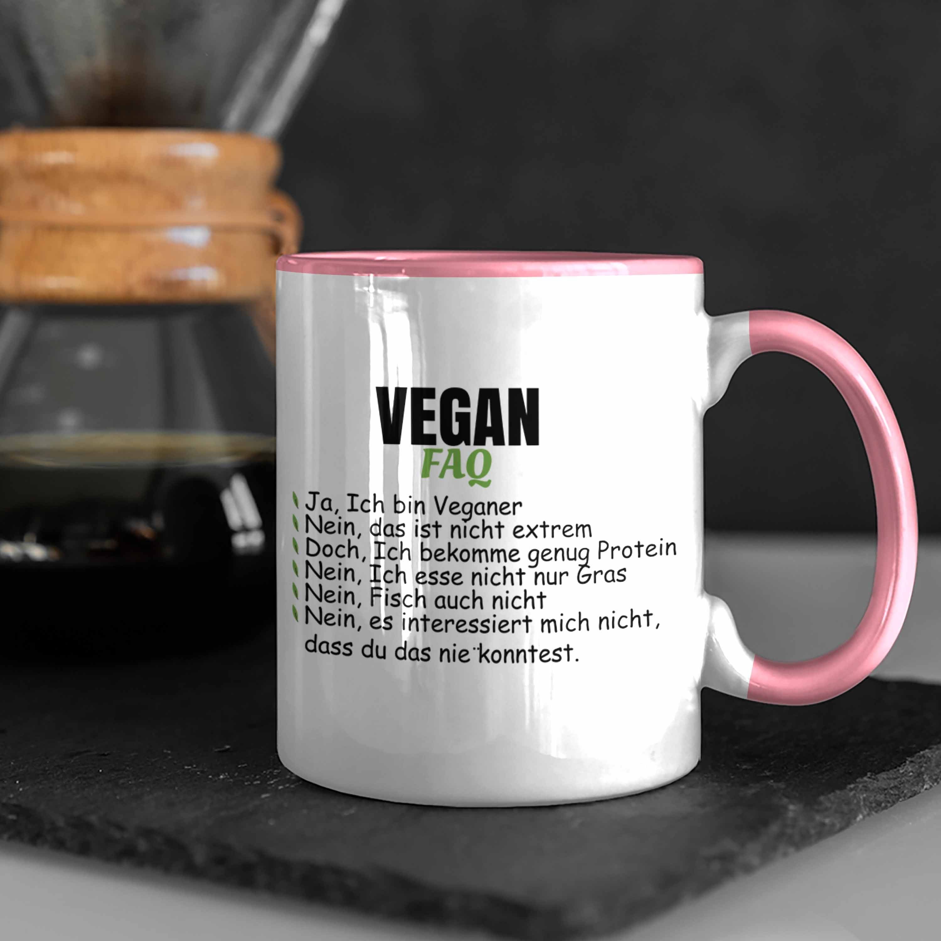 Trendation Tasse Trendation - Veganer Geschenkidee Spruch Rosa Vegane Tasse FAQ Lebensweise Spruch Geschenk Lustiger Vegan
