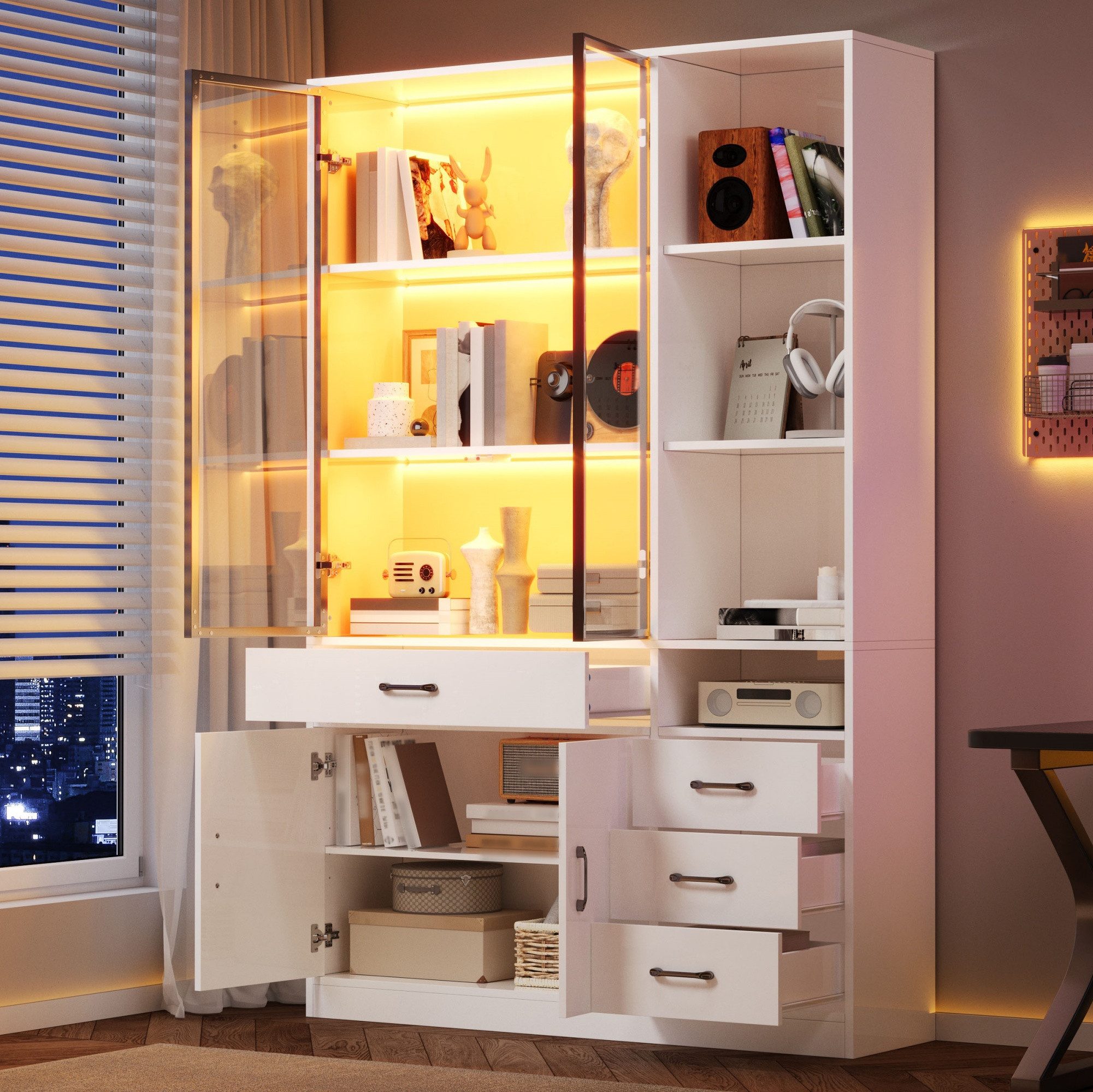 Merax Glasvitrine mit LED, Hochschrank Vitrinenschrank Aufbewahrungsschrank (120x35x200 cm, 1-St., Hochschrank für Wohnzimmer und Esszimmer) Vitrine mit 13 Stauraumbereichen, 4 Schubladen, Glastüren,Unterschrank
