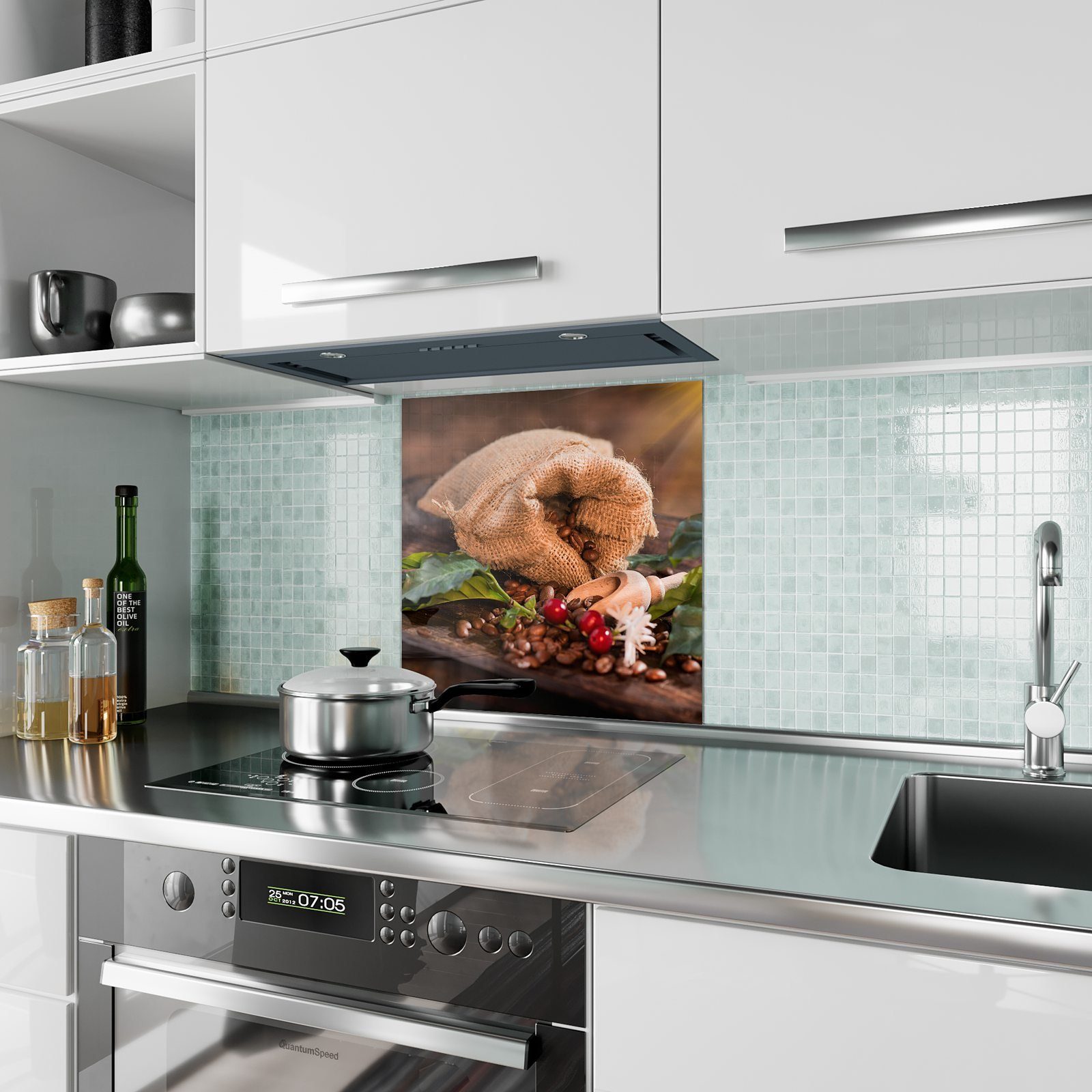 und Spritzschutz Küchenrückwand mit Küchenrückwand Motiv Beeren Glas Blumen Primedeco