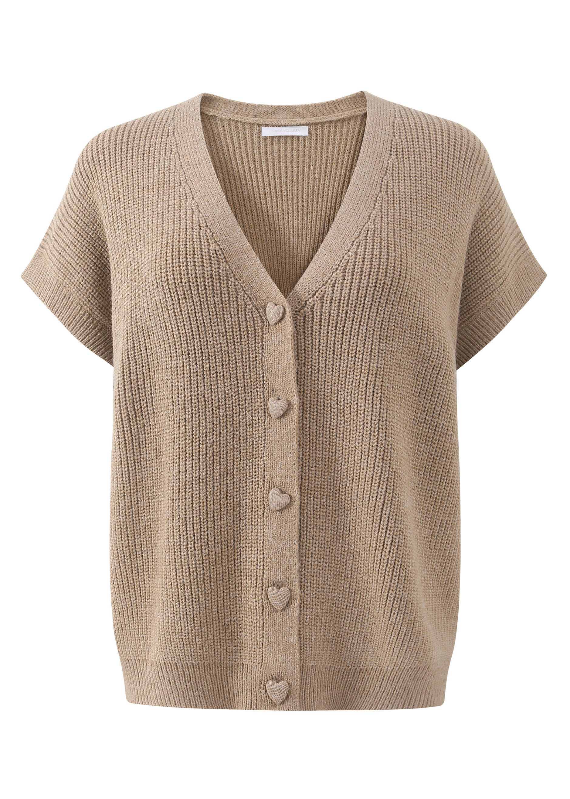 SASSYCLASSY Kurzweste Strickweste mit Herzknöpfen für Damen Weiche Weste mit kurzen Ärmeln und V-Ausschnitt Beige Burgundy