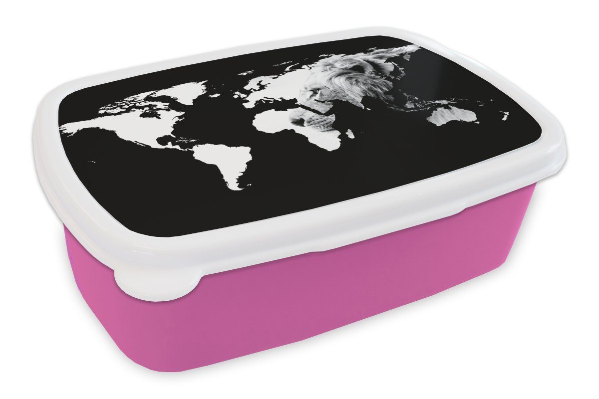 MuchoWow Lunchbox Weltkarte - Schwarz - Weiß - Löwe, Kunststoff, (2-tlg), Brotbox für Erwachsene, Brotdose Kinder, Snackbox, Mädchen, Kunststoff rosa