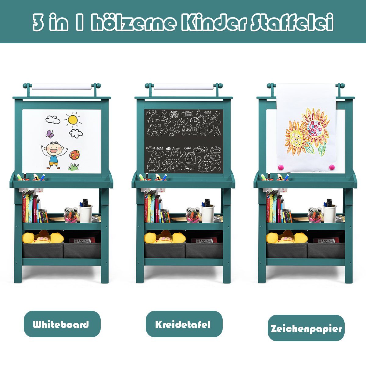 COSTWAY Standtafel Kinder Staffelei, doppelseitig, mit Magneten & 2 Boxen – Bild 4 von 5