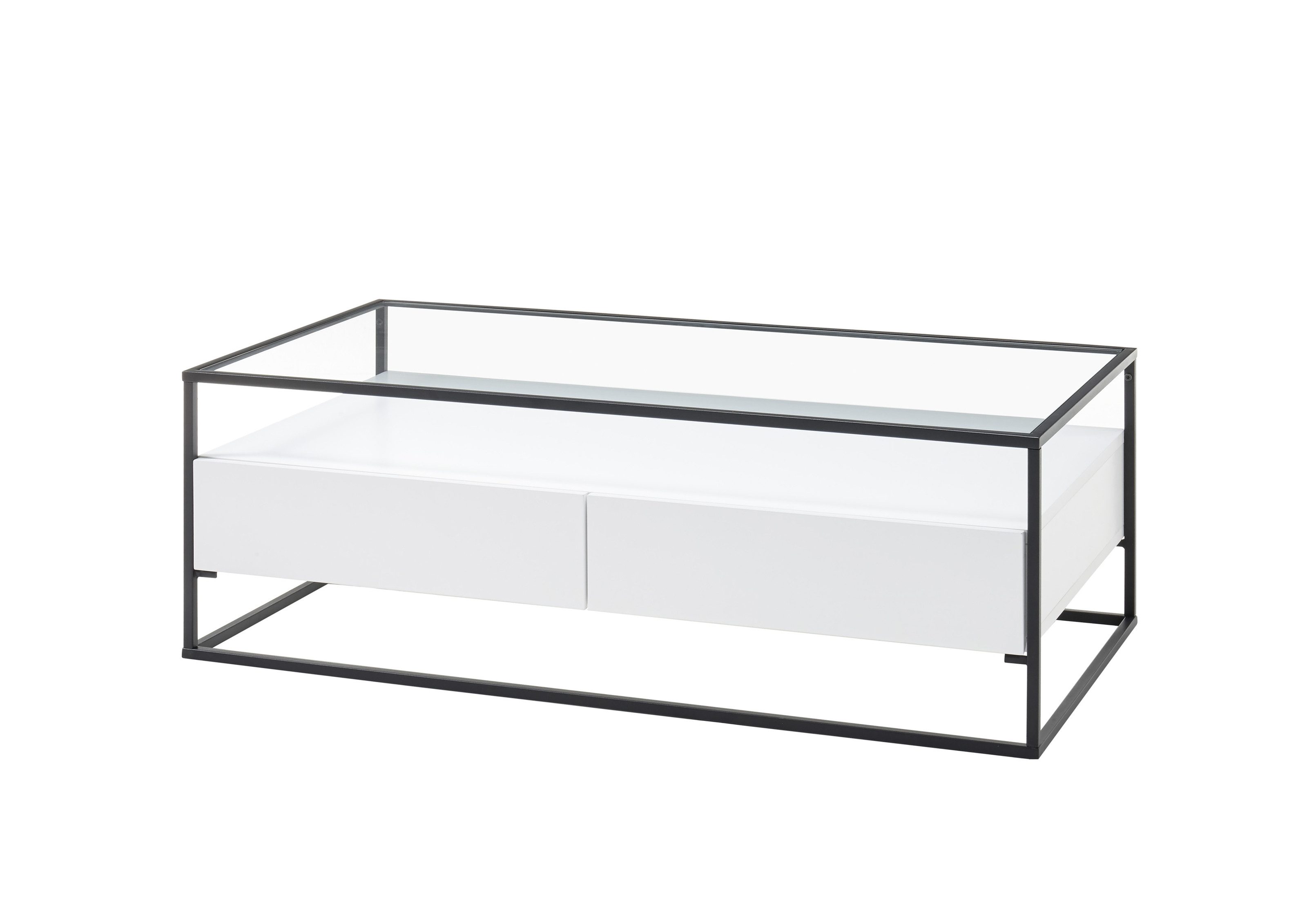 freiraum Couchtisch EVORA, 2 Schübe, Ablage, weiss / Glas - 120x40x60 (BxHxT)