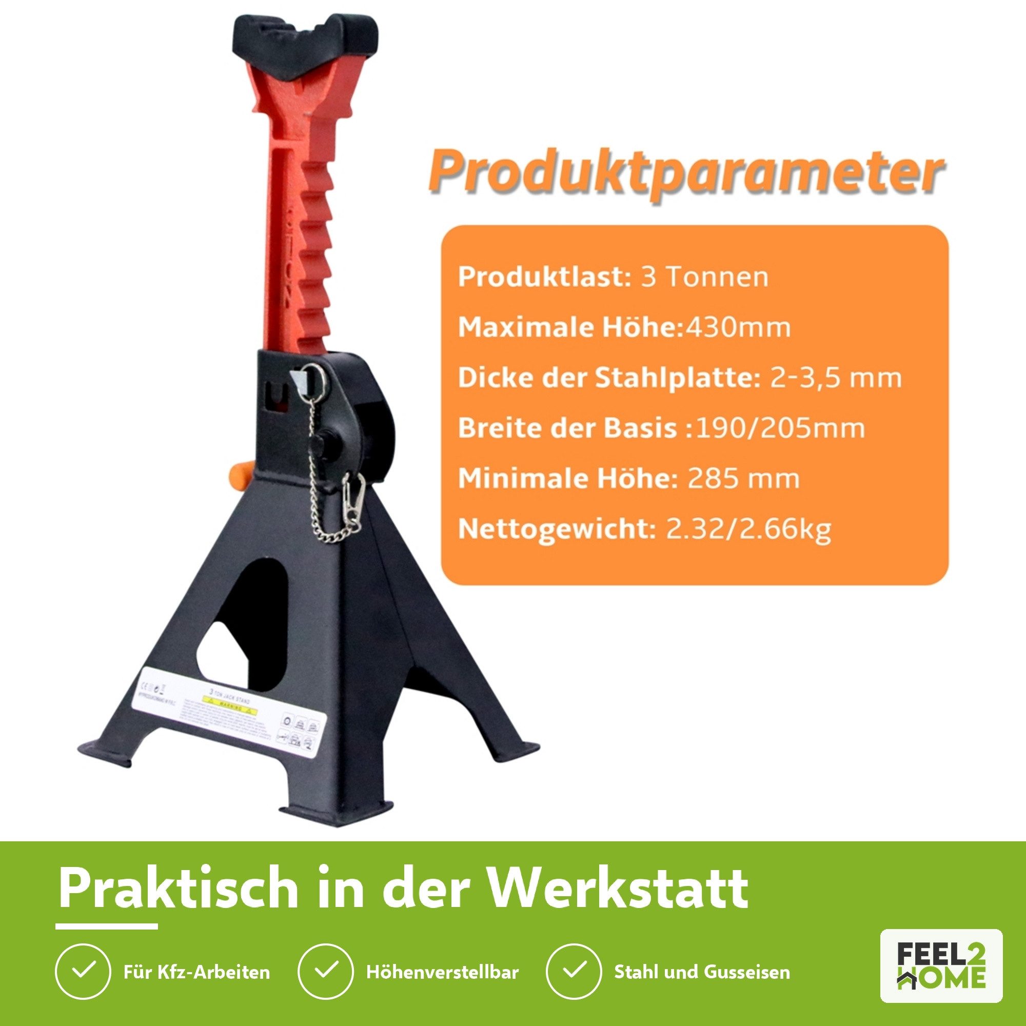 Feel2Home Unterstellbock Unterstellbock 2x 3000KG PKW Wagenheber 3 T höhenverstellbar KFZ, (Set, 2-St., Unterstellböcke), 9 stufige Höhenverstellung dank Zahnst – Bild 3 von 5