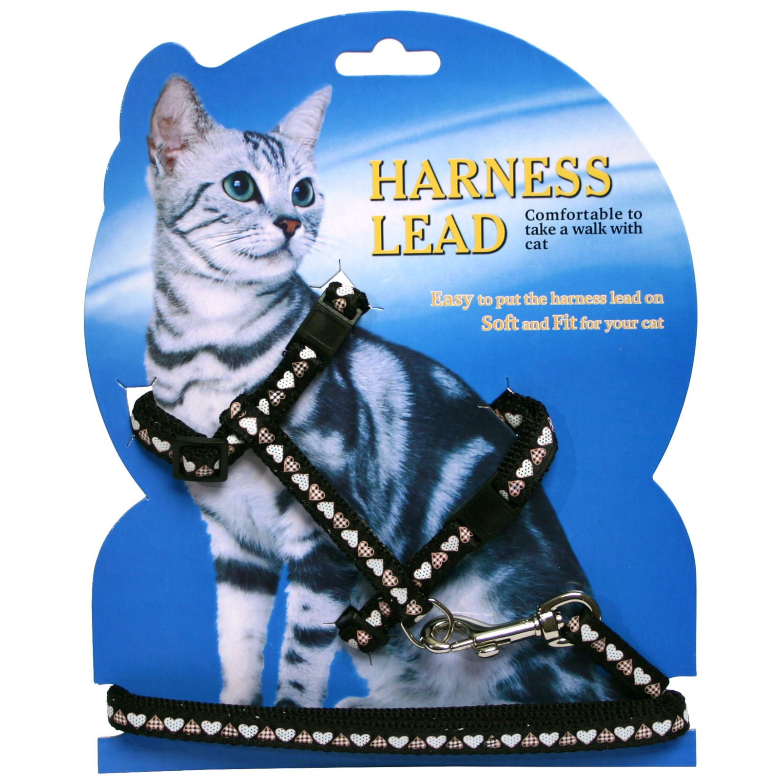 Tyrol Geschirr TYROL Katzengeschrir mit Leine, schwarz mit Herzchenmuster