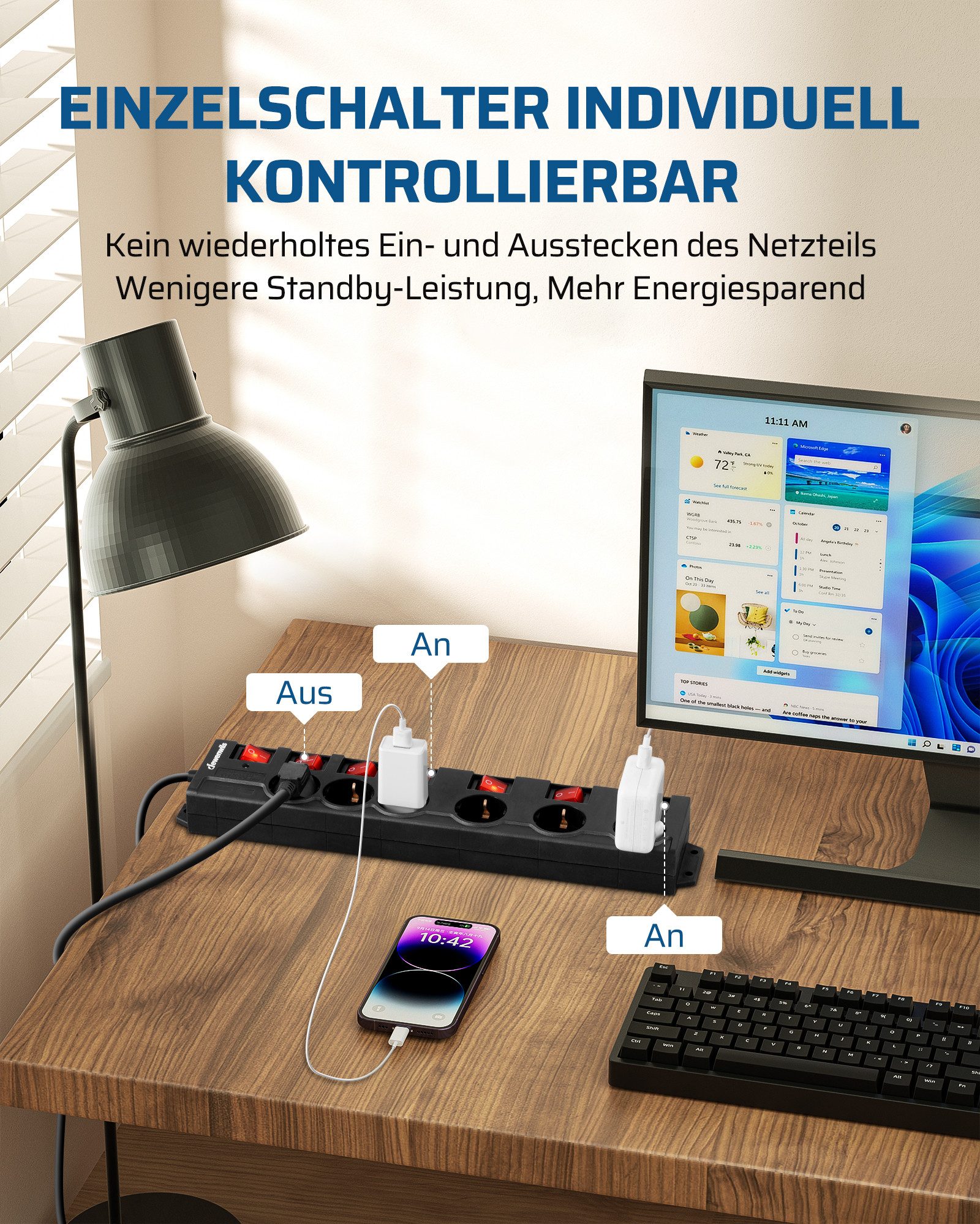DEWENWILS Steckdosenleiste 6-fach (einzeln schaltbar, Überspannungsschutz 250J, Kindersicherung, Kabellänge 2 m), Mehrfachsteckdose