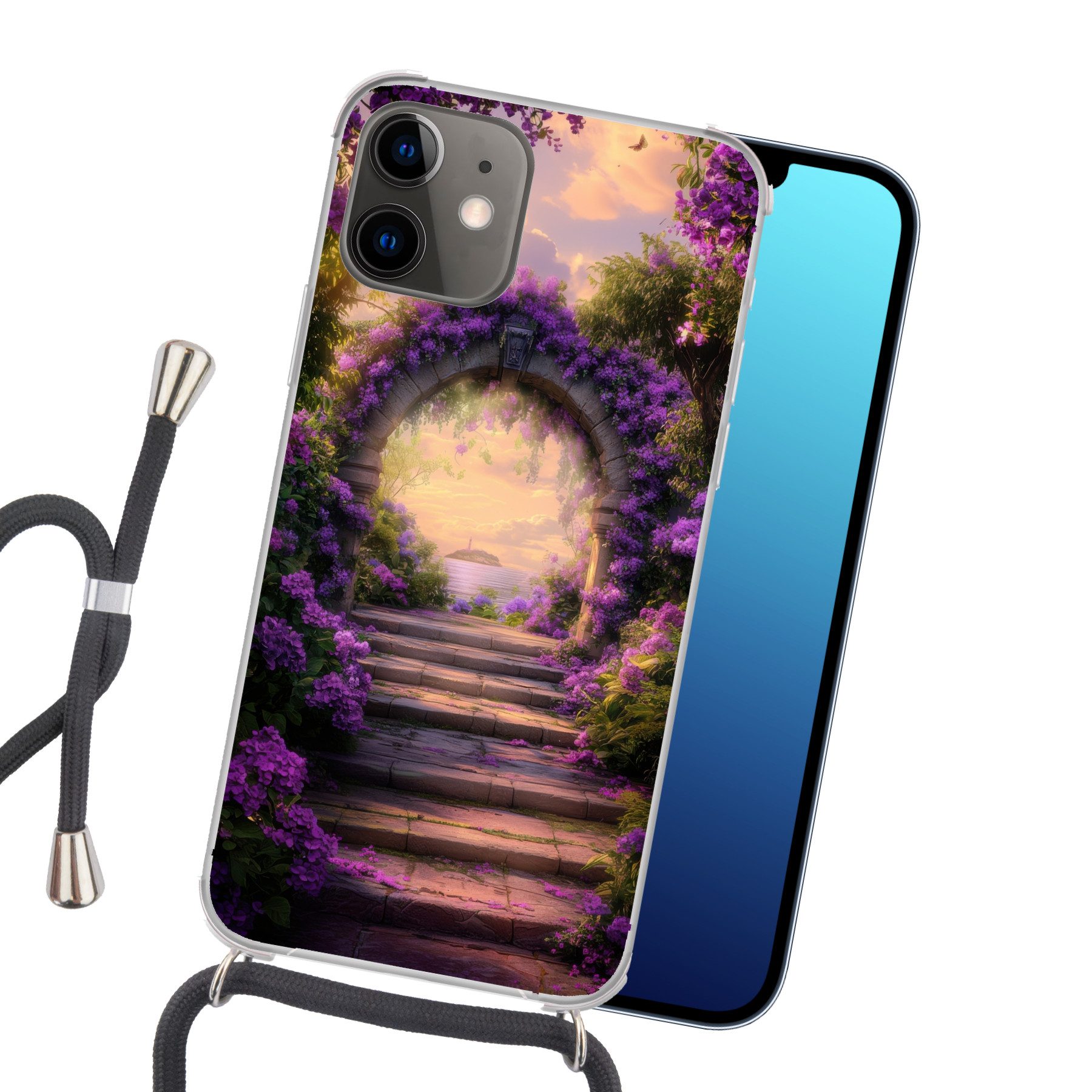 MuchoWow Handyhülle für Apple iPhone 12 Tor - Lila - Blumen, Tragbare Handyhüllen mit Kette zum umhängen, Handykette Handyband