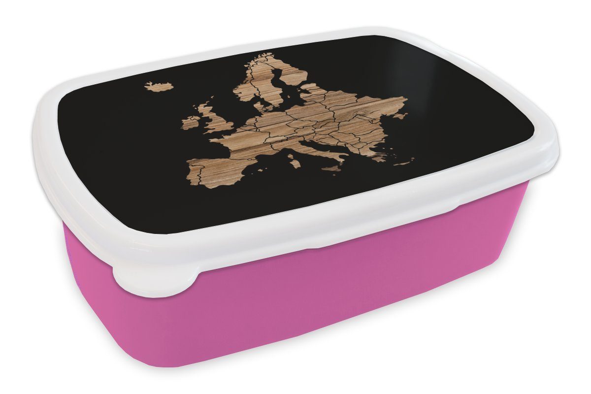 MuchoWow Lunchbox Karte von Europa - Holz - Schwarz, Kunststoff, (2-tlg), Brotbox für Erwachsene, Brotdose Kinder, Snackbox, Mädchen, Kunststoff rosa