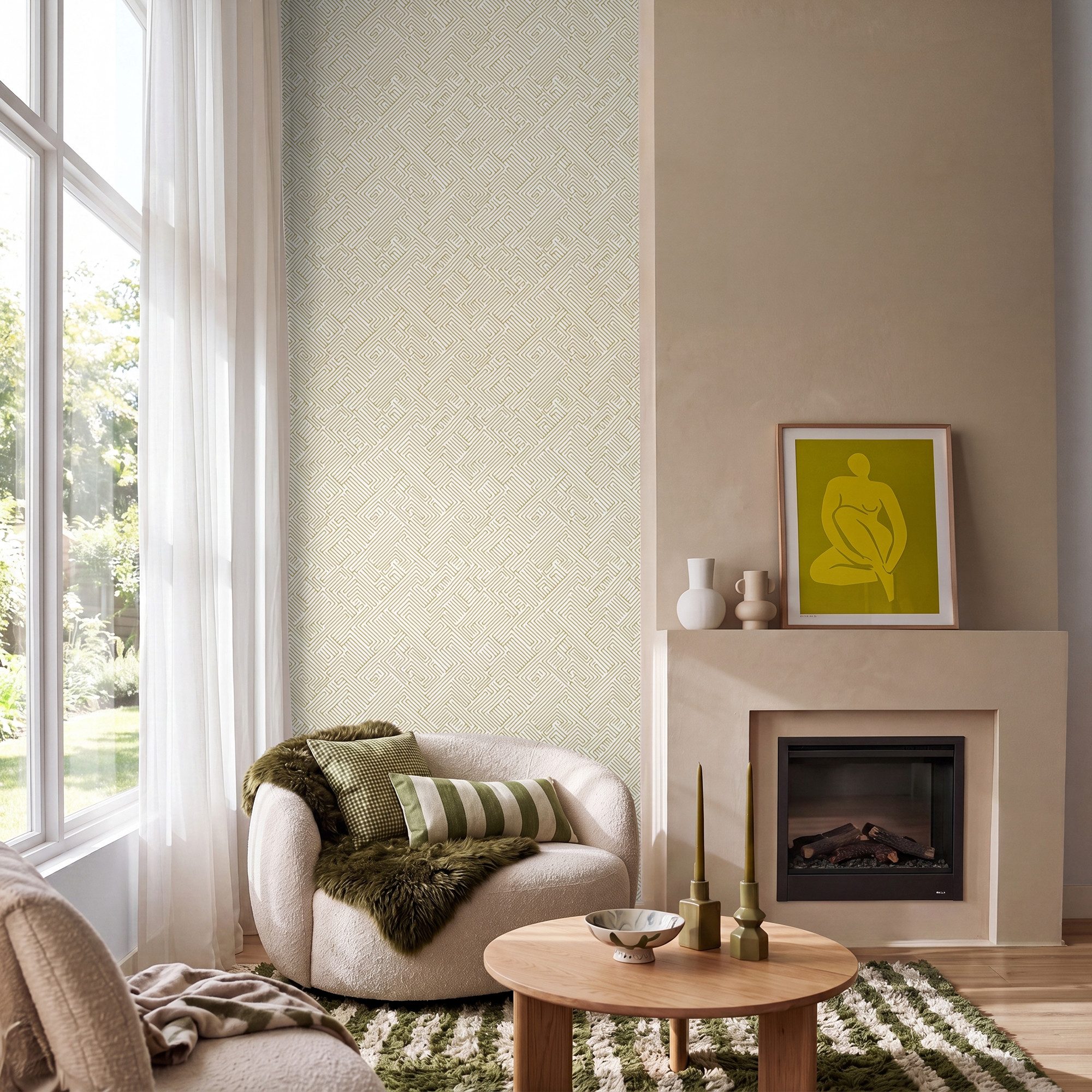 OnlyWow Fototapete Geometrisch - Linien - Grün, Matt, bedruckt, Schlafzimmer, Küche, Vliestapete, Modern 100x240cm