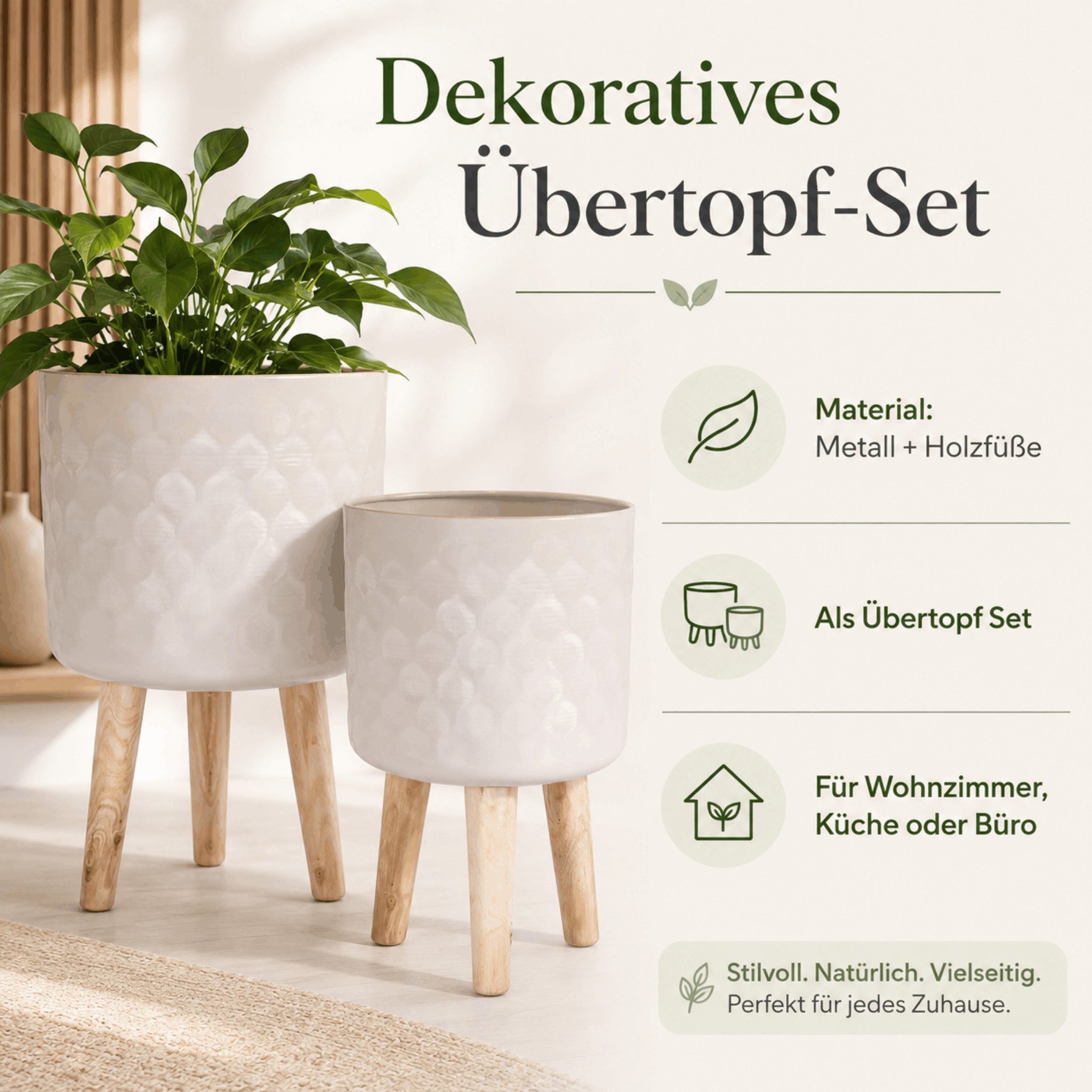 matches21 HOME & HOBBY Blumentopf Blumentöpfe 2er Set Beige Ø 24,5 x 60 cm & 28 x 67,5 cm mit Füßen (2 St), Übertöpfe aus Metall mit Holz Beinen – Bild 3 von 5