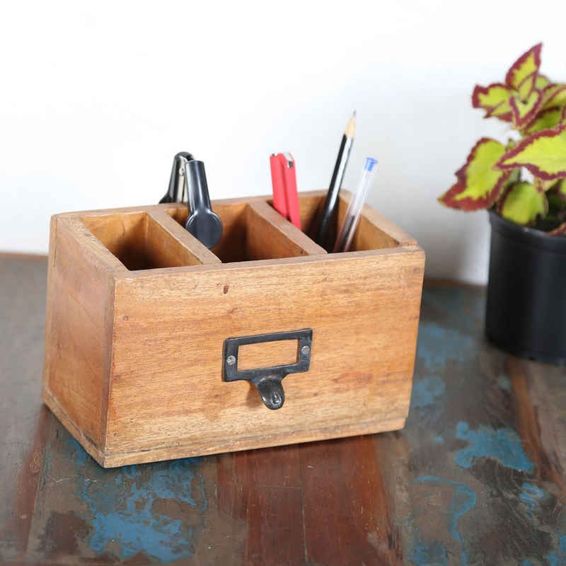 Casa Moro Organizer Organizer Imola aus recyceltem Teak-Holz Stifthalter, Vintage Holzbox Schreibtisch mit Namensschild