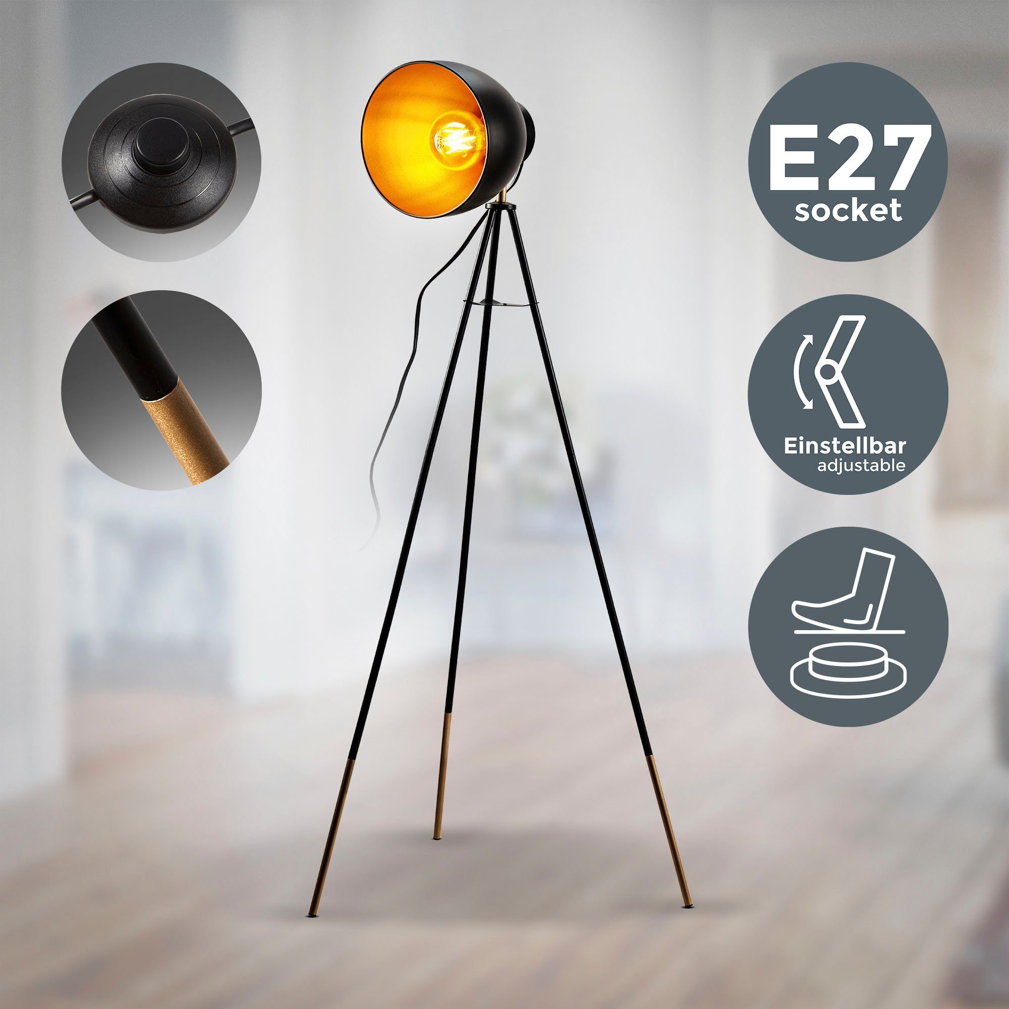 B.K.Licht Stehlampe BK_ST1233 Stehleuchte, Vintage, Schwarz-gold, günstig online kaufen