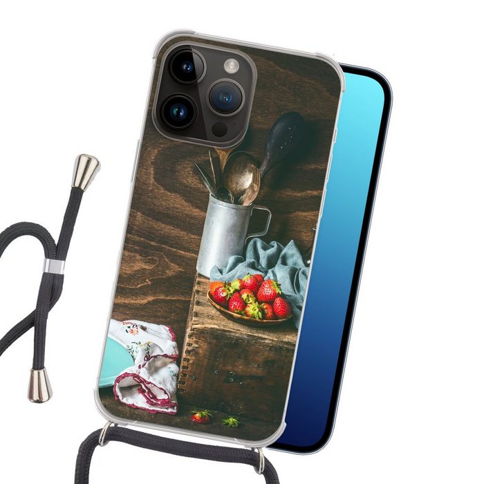 MuchoWow Handyhülle Rustikal - Obst - Küchenutensilien - Erdbeere Handyhülle Telefonhülle Apple iPhone 14 Pro