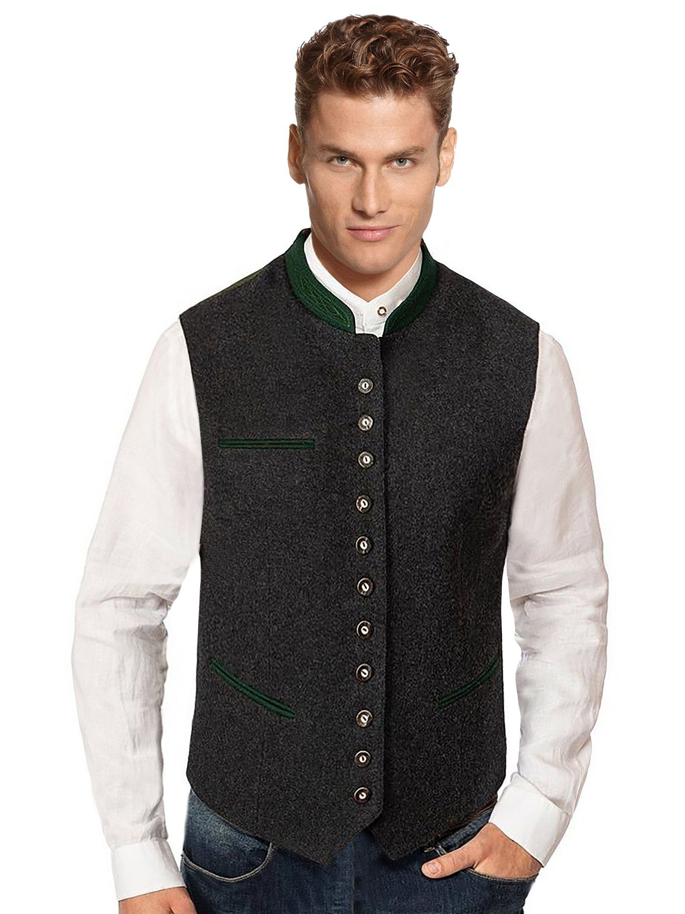 Moschen-Bayern Trachtenweste Trachtenweste Herren Weste Lodentuch Wolle Trachten Gilet Oktoberfest Herrenweste Grau Anthrazit Anzugweste, Weste Lodentuch, Wollweste, Hochzeitsweste, Weste mit Stehkragen, Weste