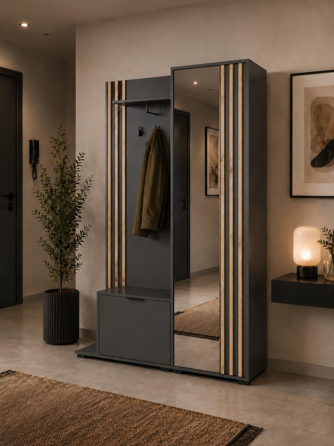 MOEBLO Kompaktgarderobe JOHN (Dielenschrank Wandschrank Regal Diele & Flur Kleiderschrank Schuhschrank, mit Spiegel Flurgarderobe Schrank Kompaktgarderobe), (BxHxT): 135x197x34cm