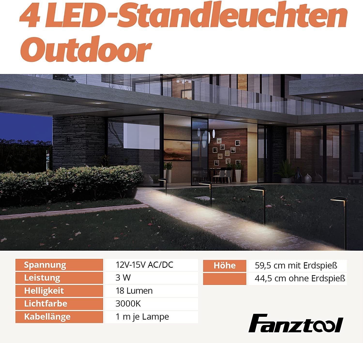 Fanztool LED Gartenstrahler Zusatz Niederspannung, LED Tageslichtsensor, intergriert Lampe, fest Timerfunktion
