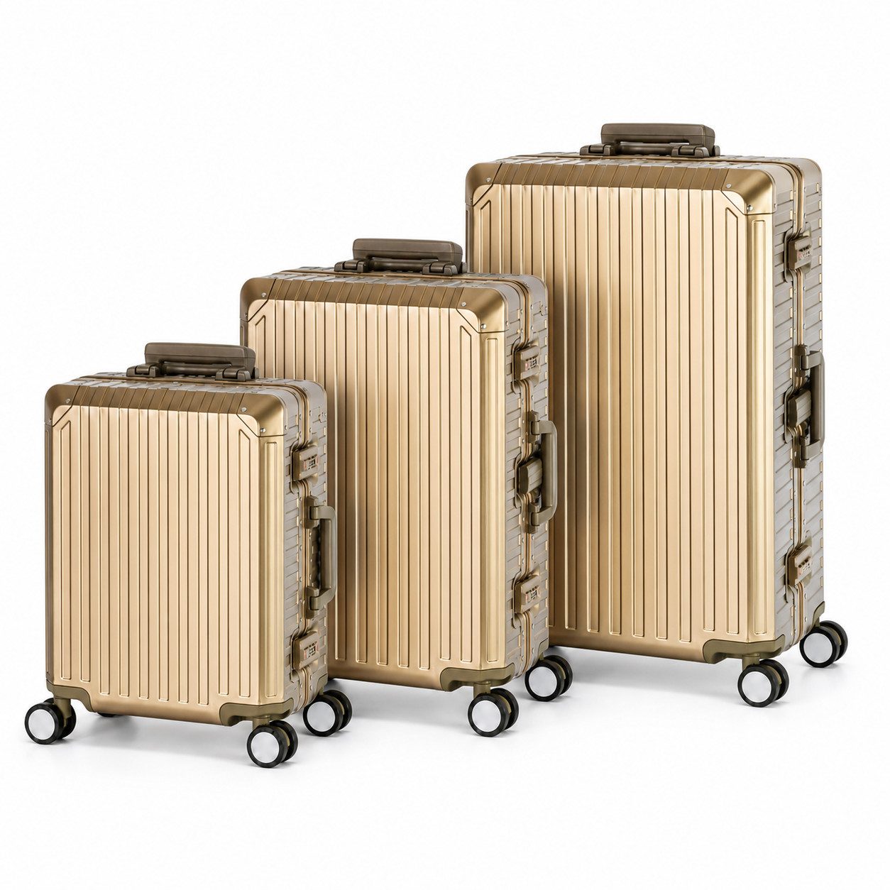 Travelhouse Kofferset 100% Aluminium Serie Tokyo, 4 Rollen, (3 tlg., S+M+L), Zipperless - Kein Reißverschluss, TSA Zahlenschloss, Nassfach