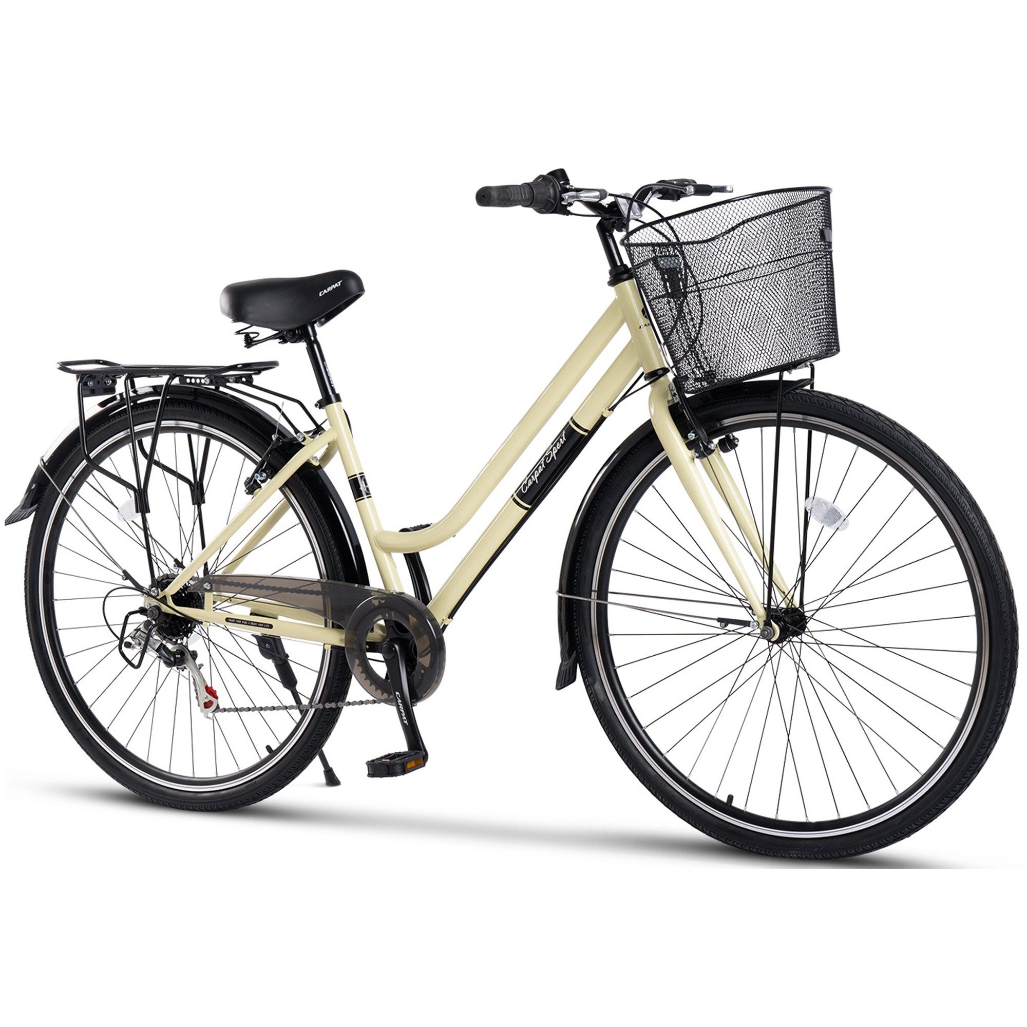 CARPAT SPORT City Bike 28 Inch Women's City Bicycle with Basket, 7-Speed ​​Shimano, Dutch Bike, 7-Speed ​​Shimano, City Bike V-Brakes Women's