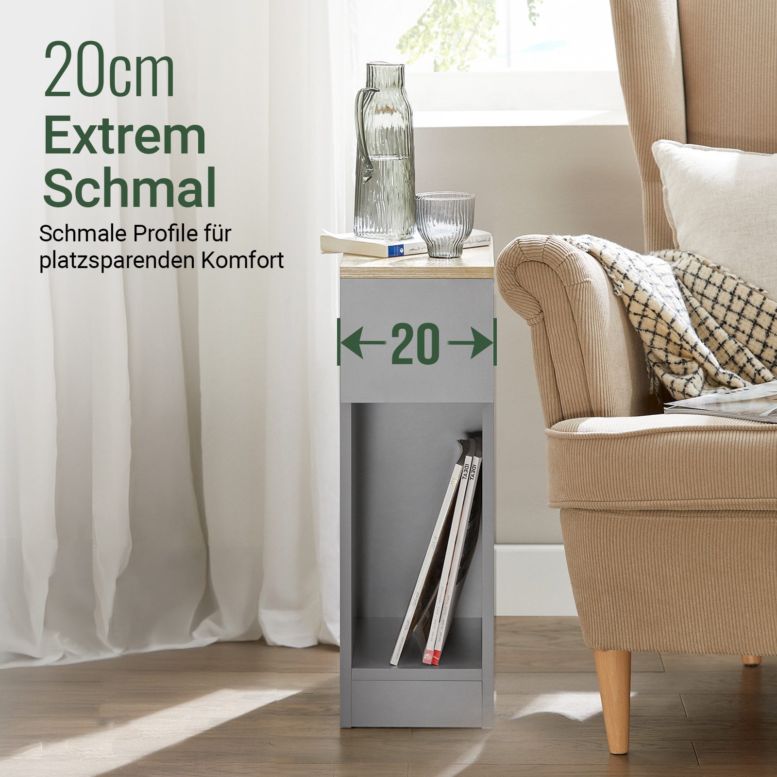 SoBuy Nachttisch FBT111, Nachtschrank kleiner Beistelltisch 20cm Breite, Nightstand, Nachttisch schmal, mit Schublade, Schlafzimmer Wohnzimmer kleine Räume – Bild 4 von 5